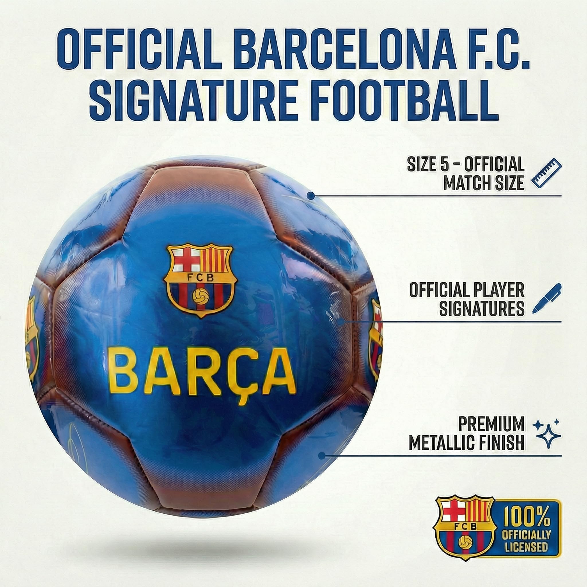 Hy-Pro Oficjalnie licencjonowana piłka nożna FC Barcelona Classic Signature, metaliczna, rozmiar 5, Barca, trening, mecz, towar, kolekcja dla dzieci i dorosłych, niebieski/czerwony