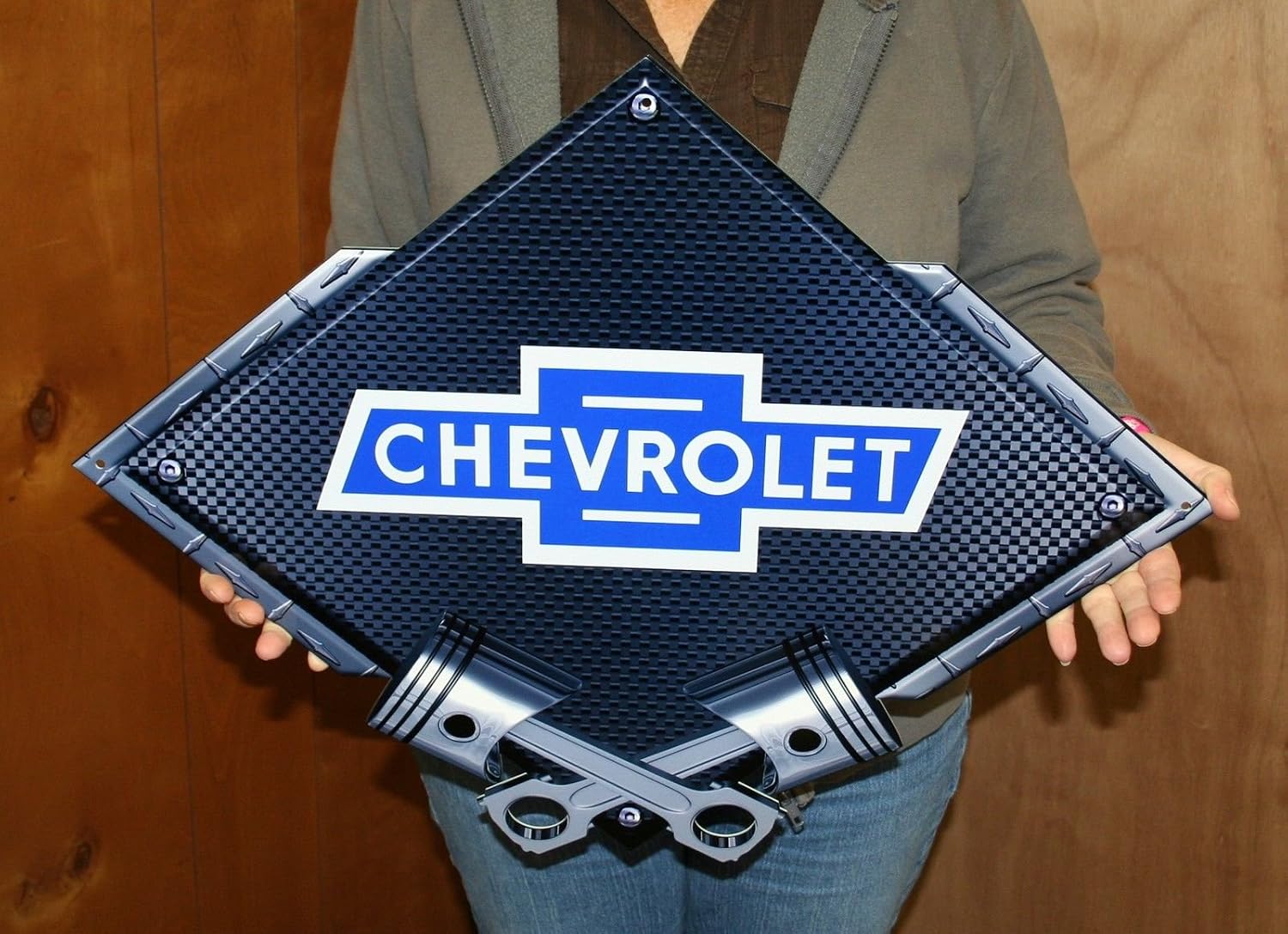 PhotoSteel Bowtie Crossed Pistons Metal Sign/Carbon Fiber 25" x 19" - Compatible with Chevy, Camaro, Pontiac, GMC
