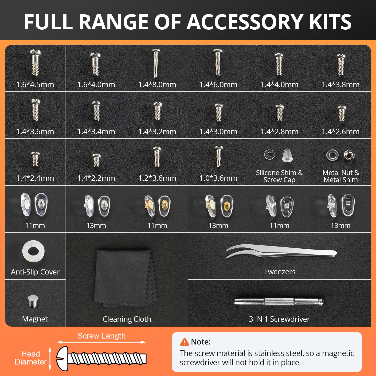 JOREST Kit de reparación de gafas, juego de herramientas para arreglar gafas que incluye tornillos pequeños, almohadillas nasales, pinzas, paño de limpieza y destornilladores de precisión