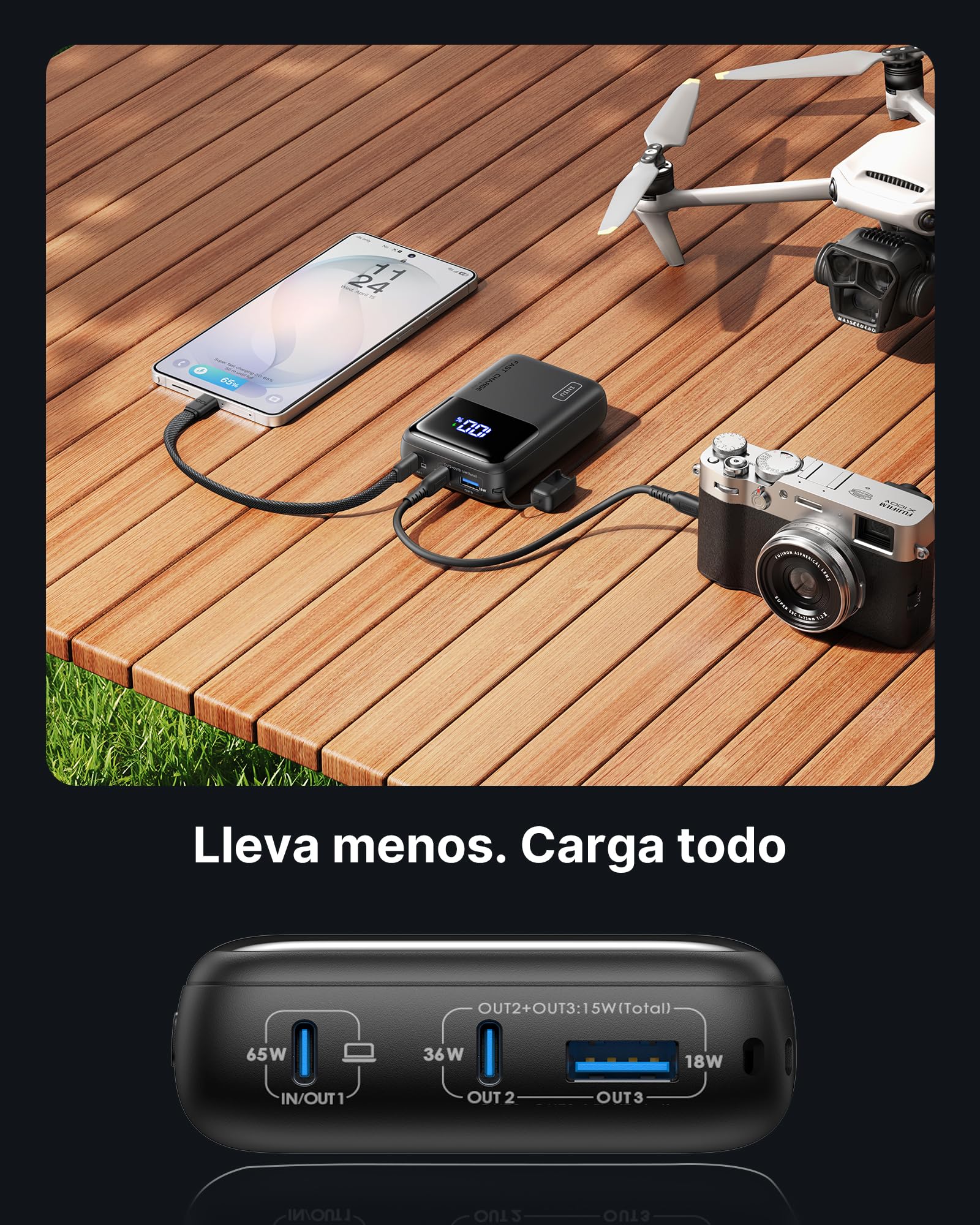 INIU Laptop Power Bank, Pequeño 20000mAh 65W Carga Rapida Batteria Externa | Cable USB C Desmontable, Apto para Avión de Viaje, Bateria Portatil para MacBook, Steam Deck, iPhone 17 Samsung S26, iPad etc