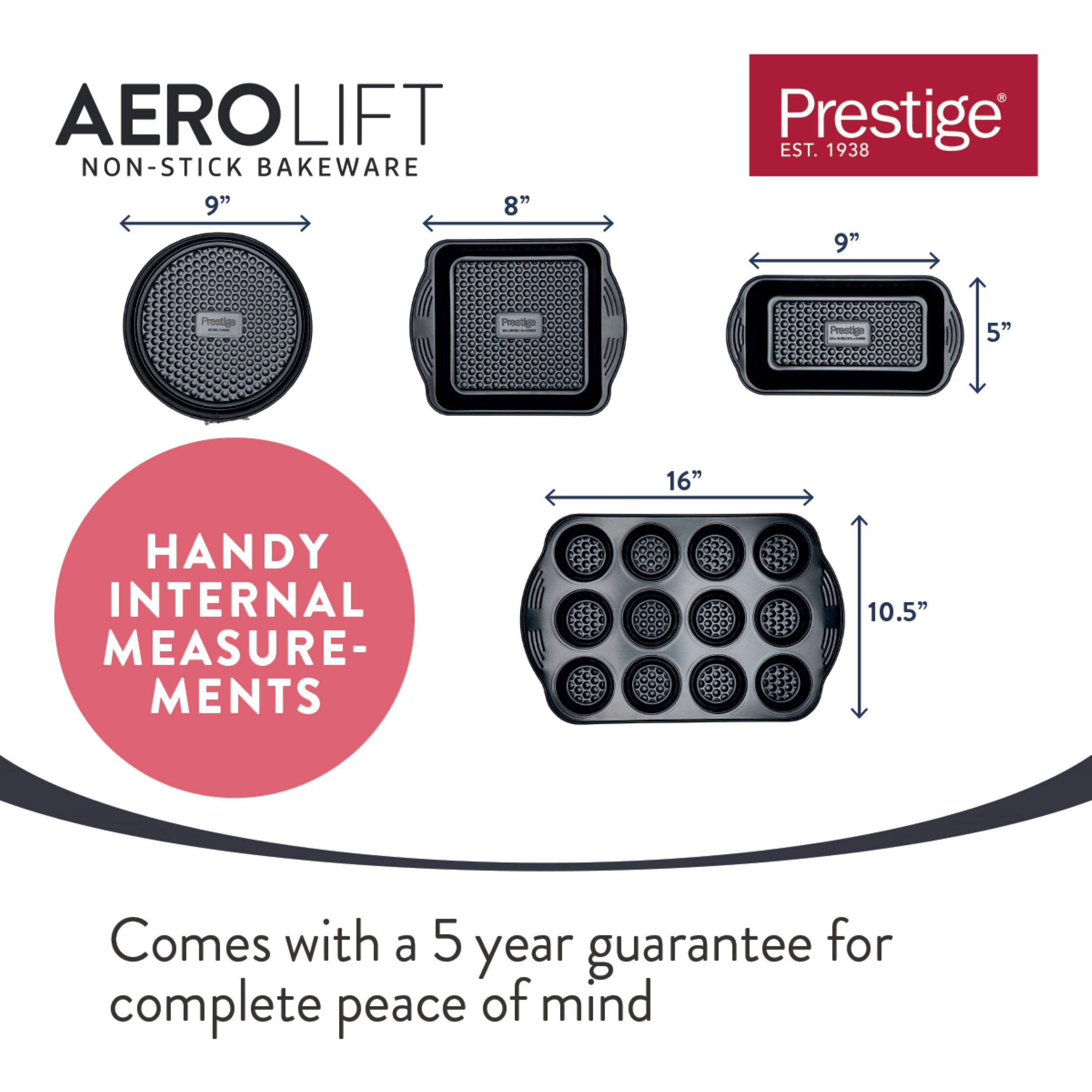 PRESTIGE, Aerolift - Juego de 4 utensilios para hornear, antiadherentes, base de cojín, apto para refrigerador, congelador y lavavajillas, acero al carbono, 9 moldes de resorte, 8 moldes cuadrados
