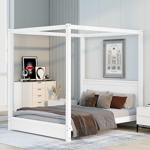 Winwee Cama con plataforma de toldo con cabecero marco de cama de madera con patas de apoyo cama de casa de juego con construcción sólida para