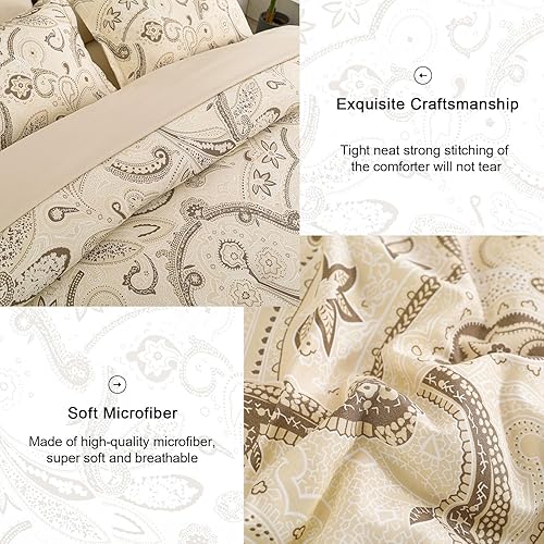 Miniatura 6 de Juego de edredón de cachemira tamaño Queen, 7 piezas de cama en una bolsa, edredón beige bohemio con estampado de cachemira, juego de ropa de cama