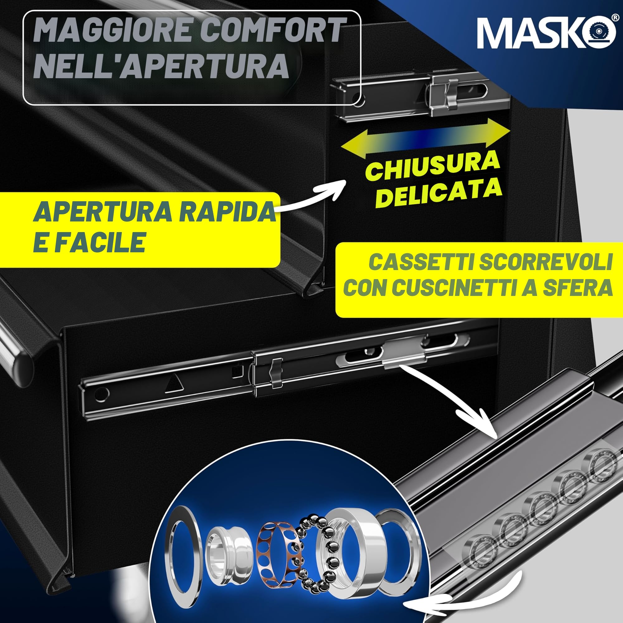 MASKO® Carrello da officina – 7 cassetti, nero, richiudibile, in metallo massiccio, senza attrezzi, senza attrezzi, carrello professionale da officina, carrello con serratura