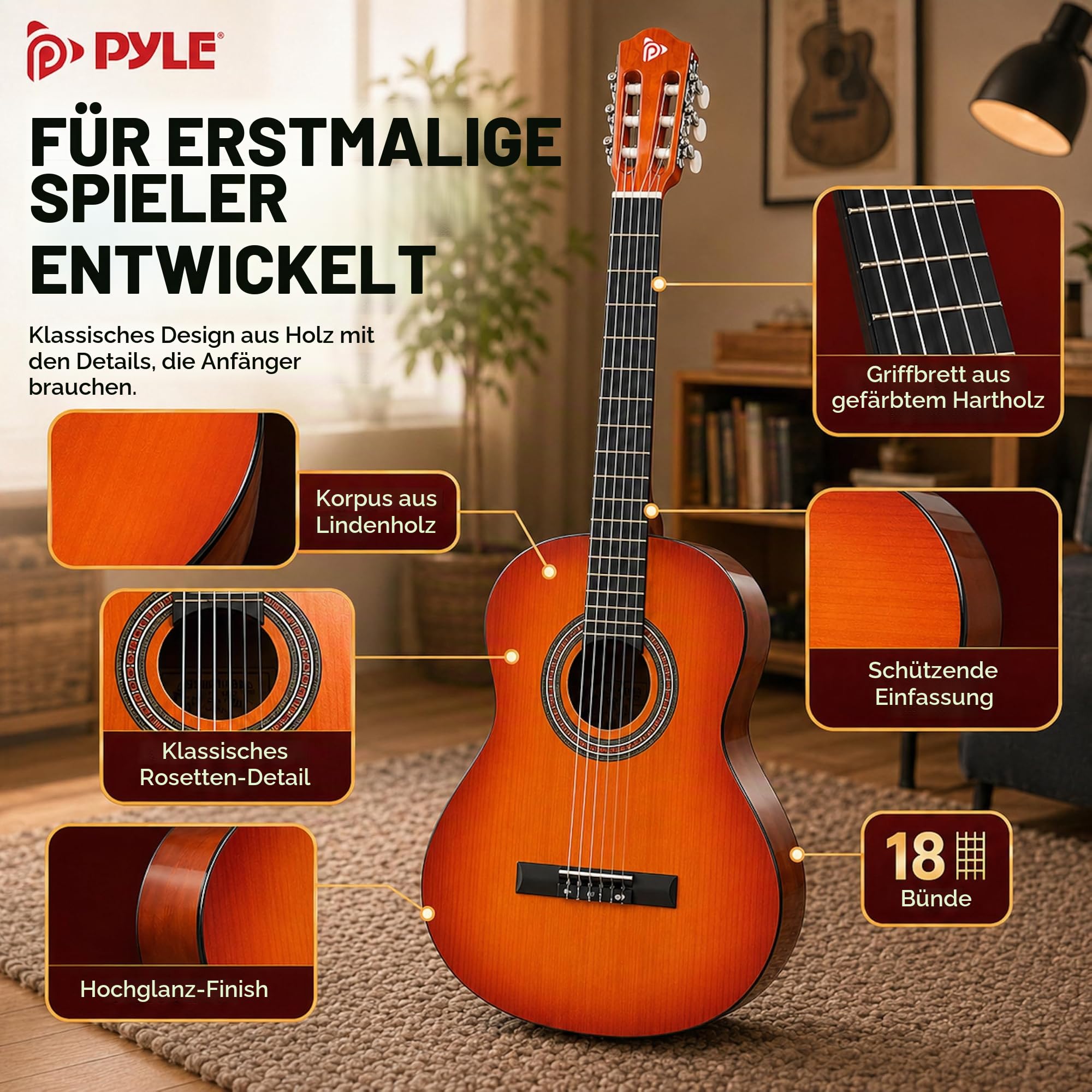 Pyle Konzertgitarre, Rechtshändig, 3/4 Größe, Rot