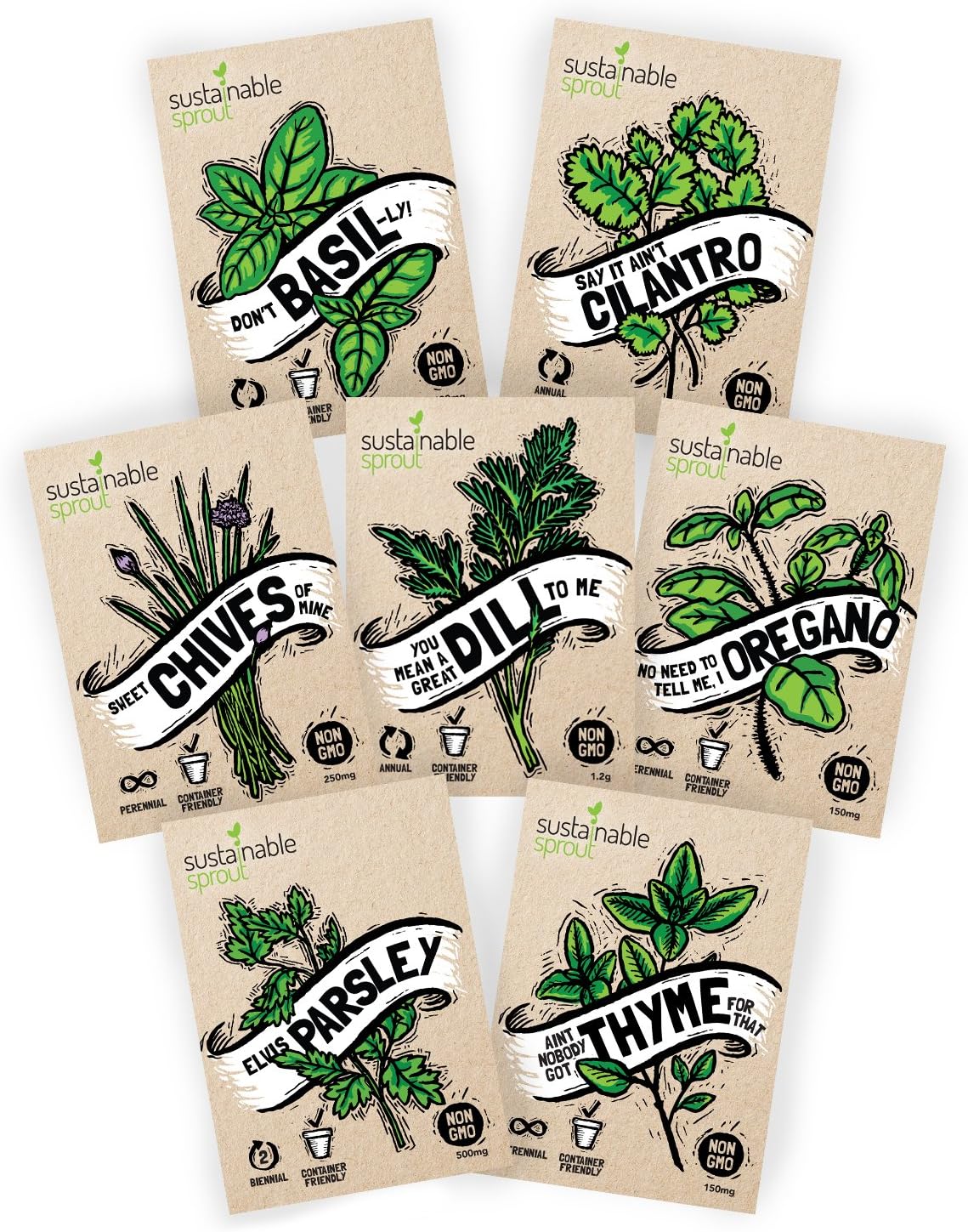 Culinary Herb Seeds Variety Pack: 7 NonGMO Hydroponic Herb Seeds For Planting Garden Indoors, Heirloom Herb Seeds Basil, Parsley, Thyme, Cilantro, Chives Dill Seeds Oregano Seeds by Sustainable Sprout