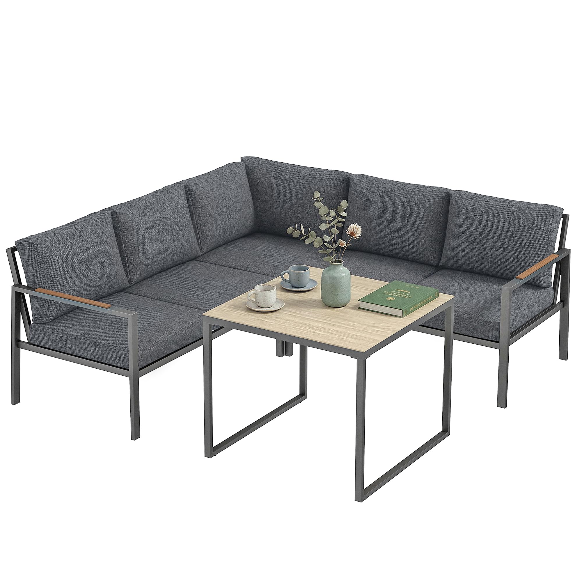 Outsunny Soggiorno da giardino esterno 3 Pezzi 5 per. 2 Divani Grigio Scuro | Cuscini rimovibili spessi, 1 tavolino da caffè con piano in vetro, set da divano esterno, per terrazza balcone