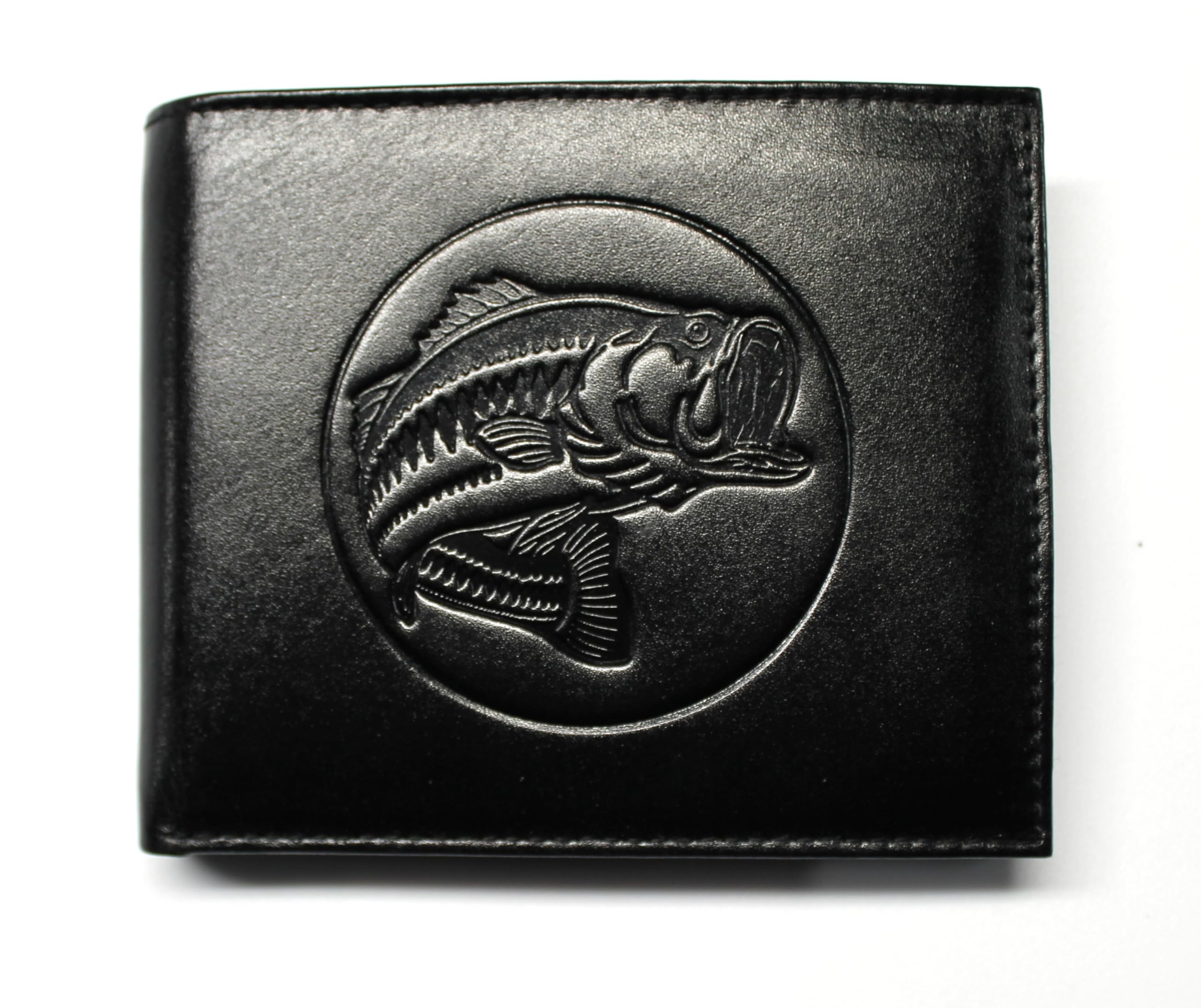 Bass Fishing Embossed Leather Bifold Wallet - Black RFID Safe