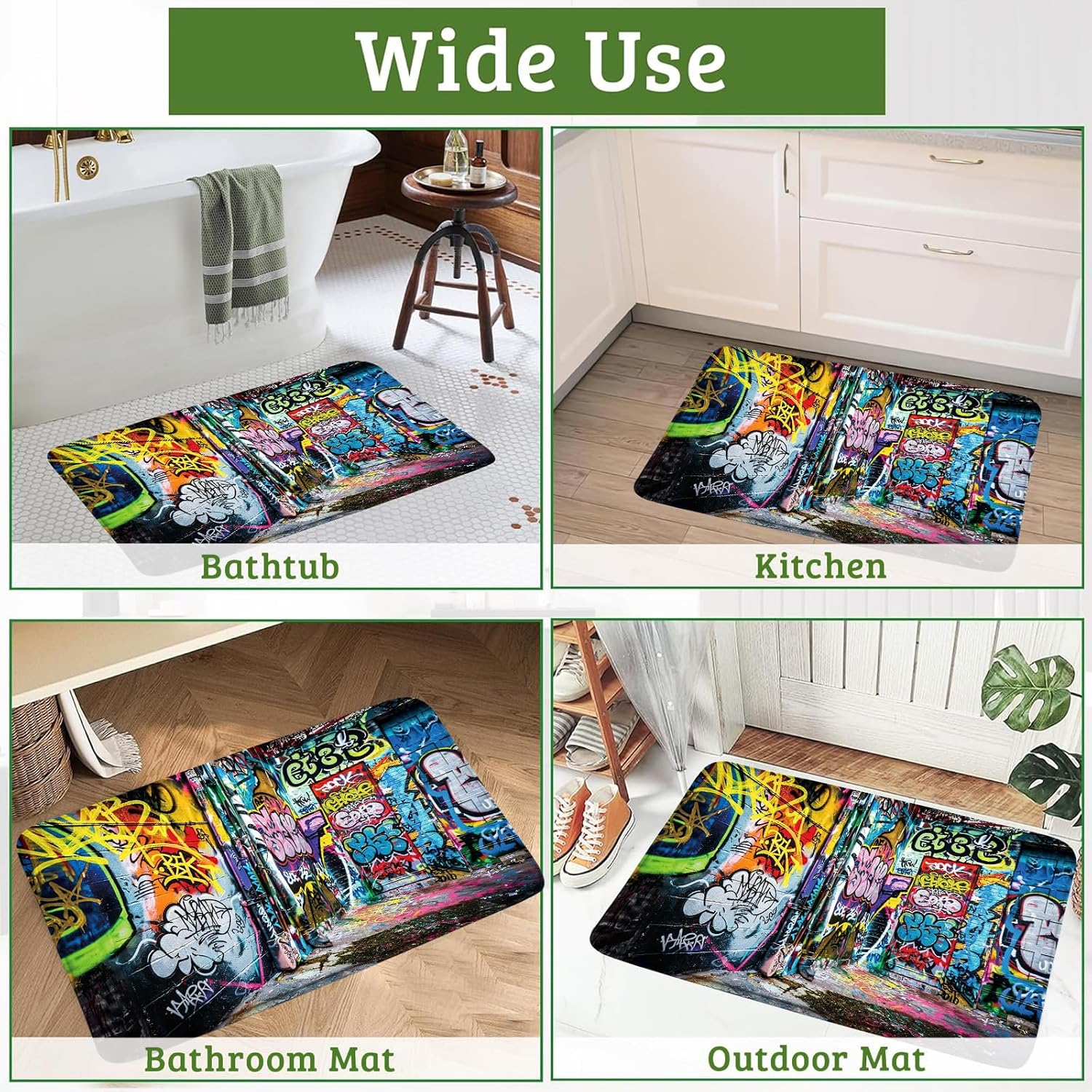 Modern Colorful Graffiti Bath Rug Creative Abstract Art Bathroom Mat Floor Carpet Messy Street Wall Urban Spray Hip Hop Doodles Culture Adventure Absorbent Doormat Bedroom Rugs image 5