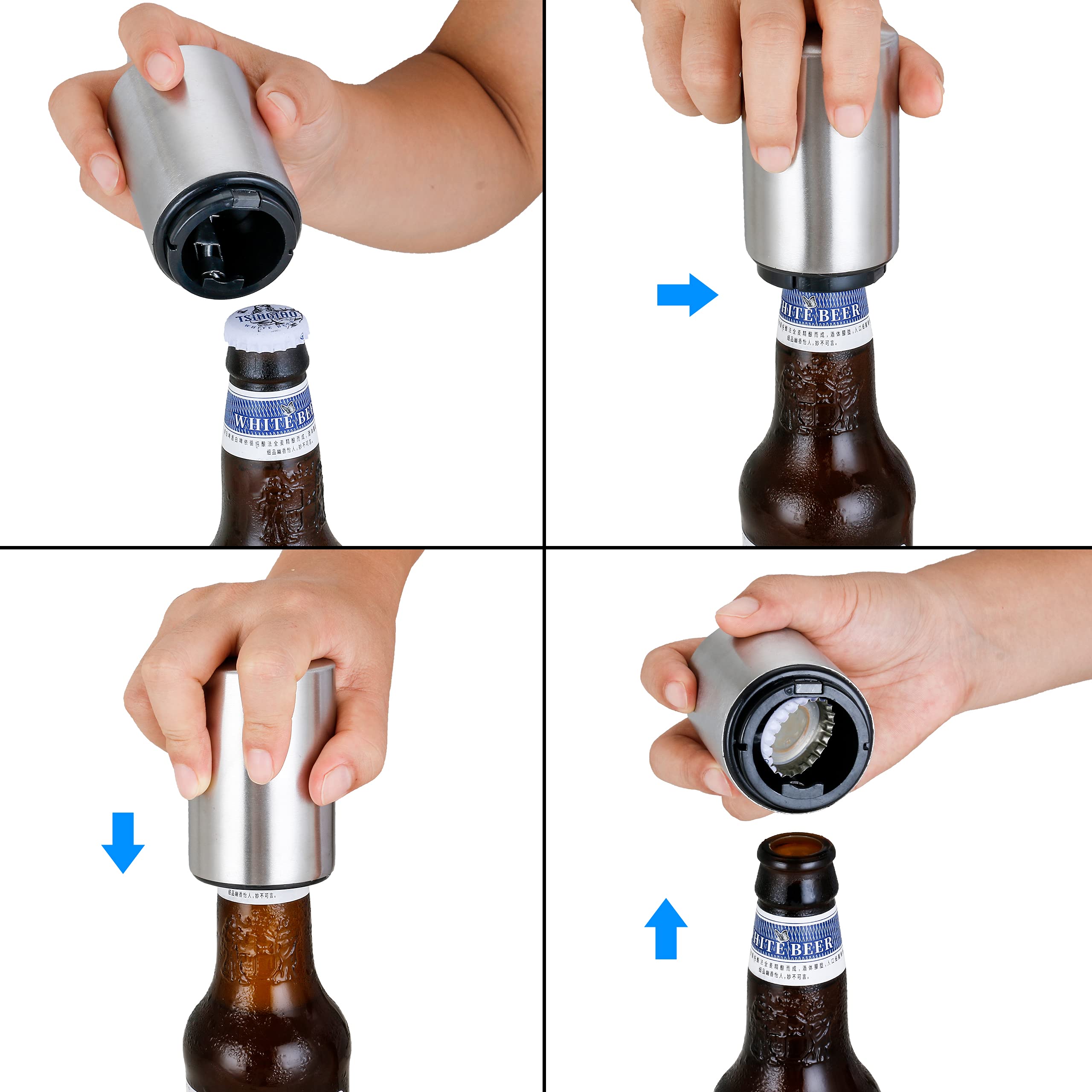 Abridor automático de botellas con mecanismo magnético, abrebotellas compacto plateado