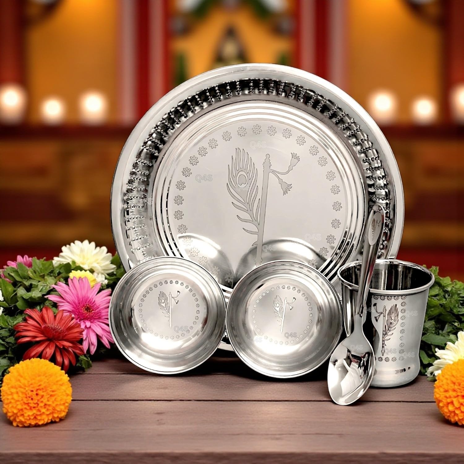 Stainless Steel Pooja Thali Set - Peacock & Flute Design -1