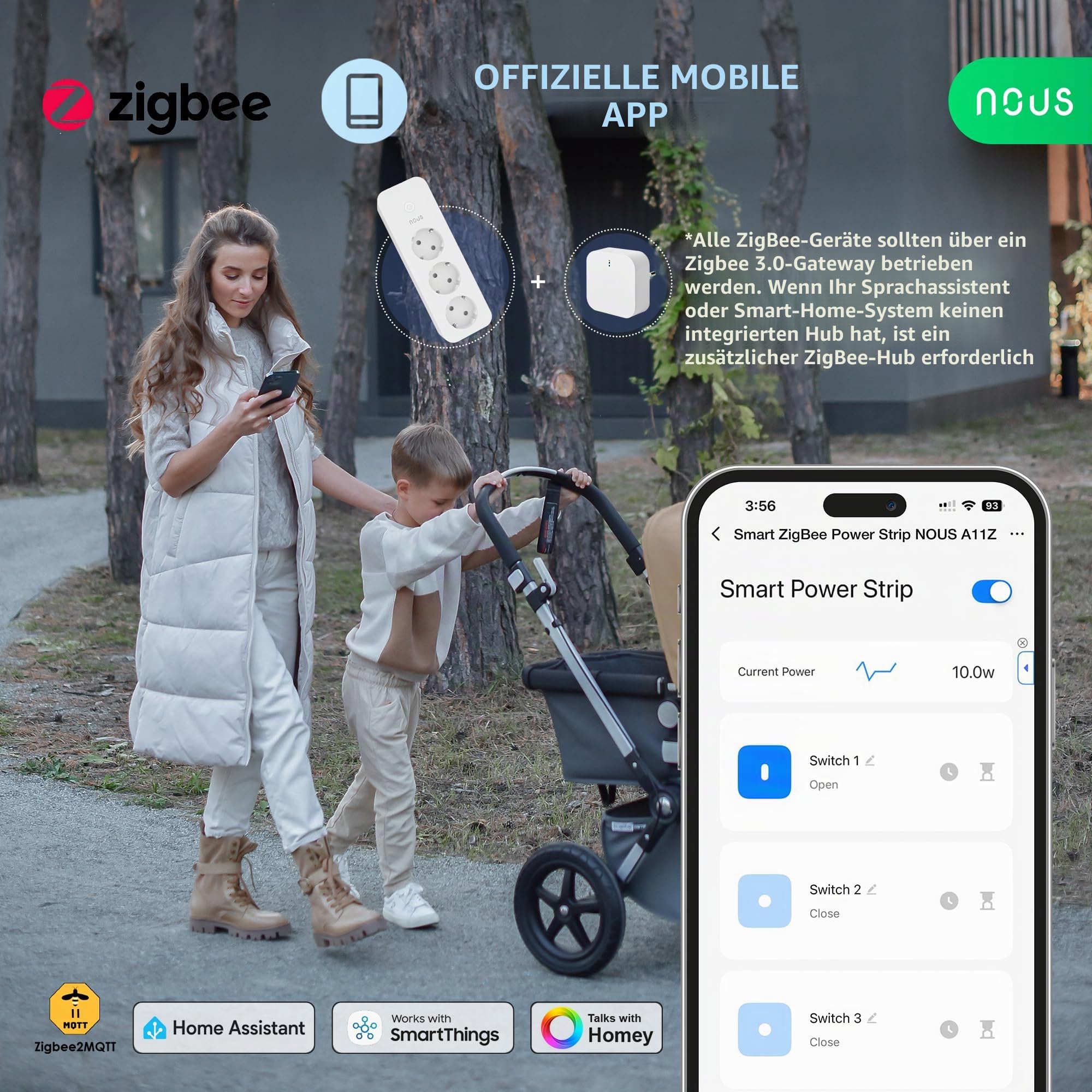 UPD 03.2026- Smart Steckdosenleiste 16A, ZigBee Hub erforderlich, 3-Fach ZigBee Power Strip mit Energieüberwachung, 1.8m Kabel, App-Steuerung, Kompatibel mit Zigbee2MQTT, Alexa, Google Home