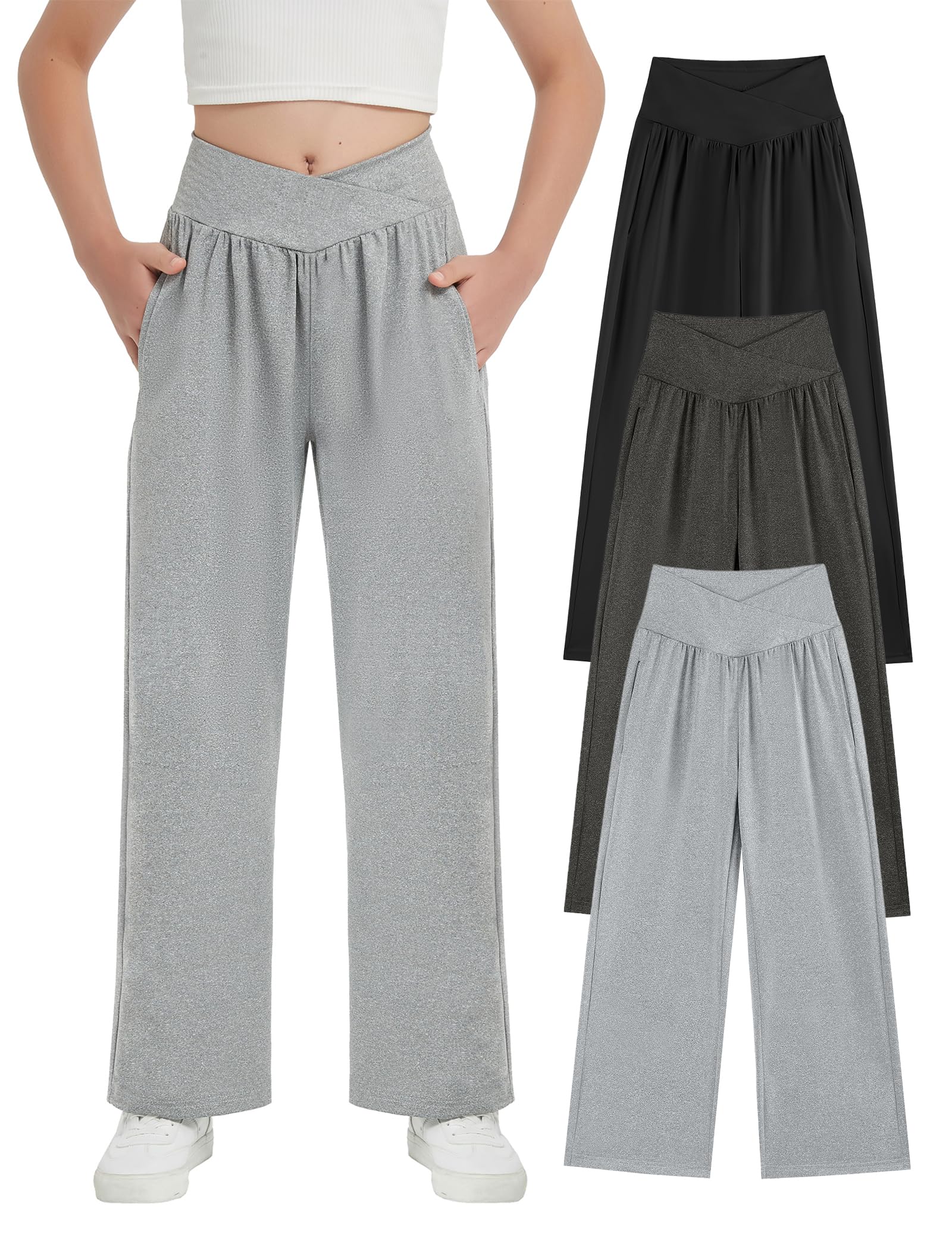 EXARUS 3 Pack Girls Wide Leg Pants Baggy/Tapered Loose Casual School