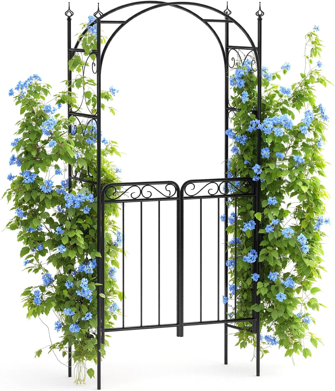 84" Garden Arch Arbor with Gate, Metal Arch Trellis, Garden Archway for Climbing Vines, Wedding Ceremony Decoration, Flourishes & Arrow Tips, Black