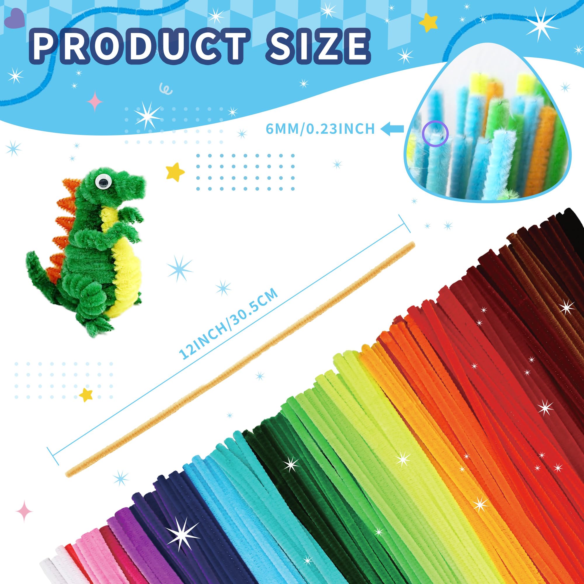 Lot de 1200 cure-pipes en chenille pour travaux manuels, 24 couleurs assorties, fournitures artistiques pour enfants, projets de salle de classe et décorations