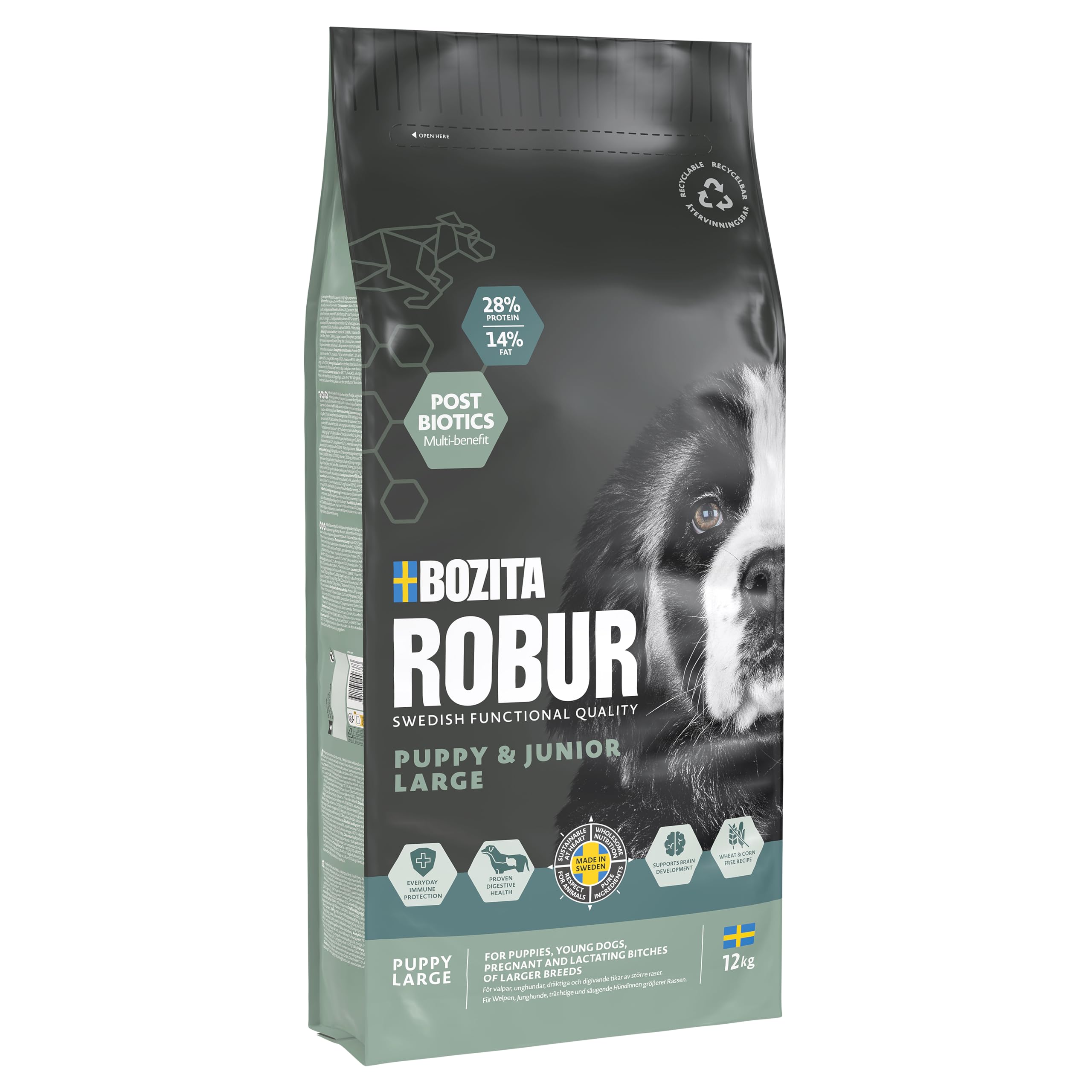 Bozita Robur Puppy & Junior XL Chicken 12 kg - Puppy Food Dry Food with High Acceptance, Postbiotics, Wheat Free for Medium to Large Breeds and Puppies Who Want a Large Croquette