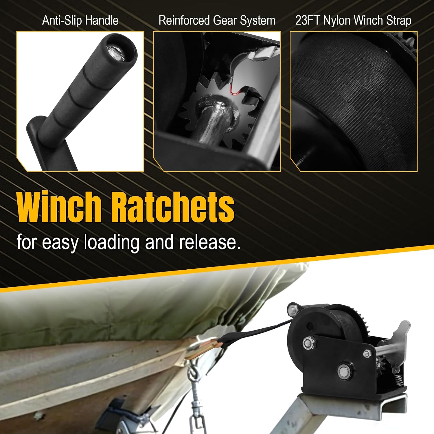 BDI Wear Part 1Pk Boat Winch,1200 lbs Hand Boat Trailer Winch Rope Crank with 23 ft Polyester Strap and Two-Way Ratchet, Manual Operated Hand Crank Winch for Trailer, Boat or ATV Towing