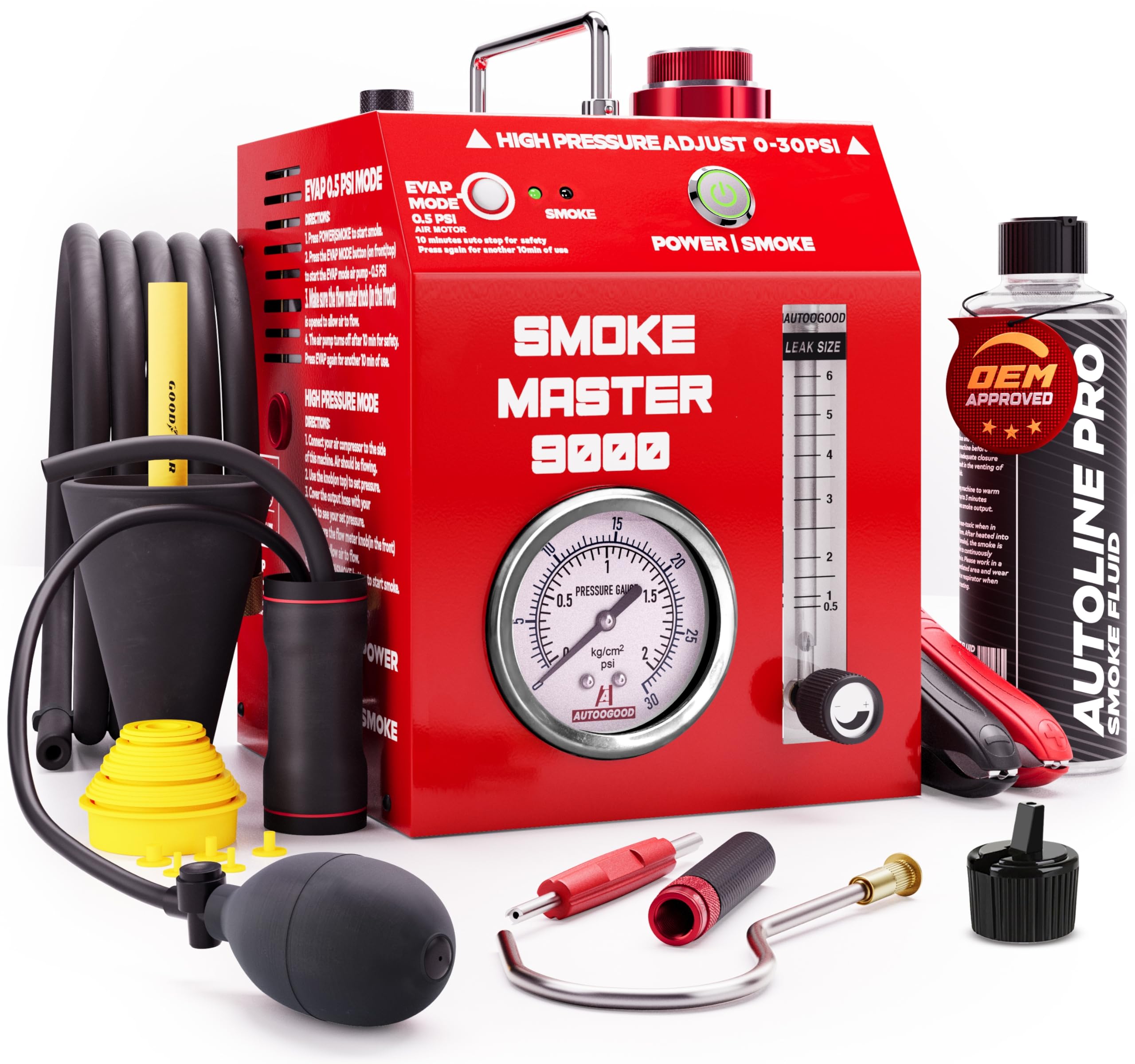 Automotive Evap Smoke Machine 2 in 1 : Dual-Mode Leak Detector 1 Evap (0.5 PSI) and 2 Turbo (1-30 PSI), Model 9000 Pro with Best Ranked Smoke Fluid