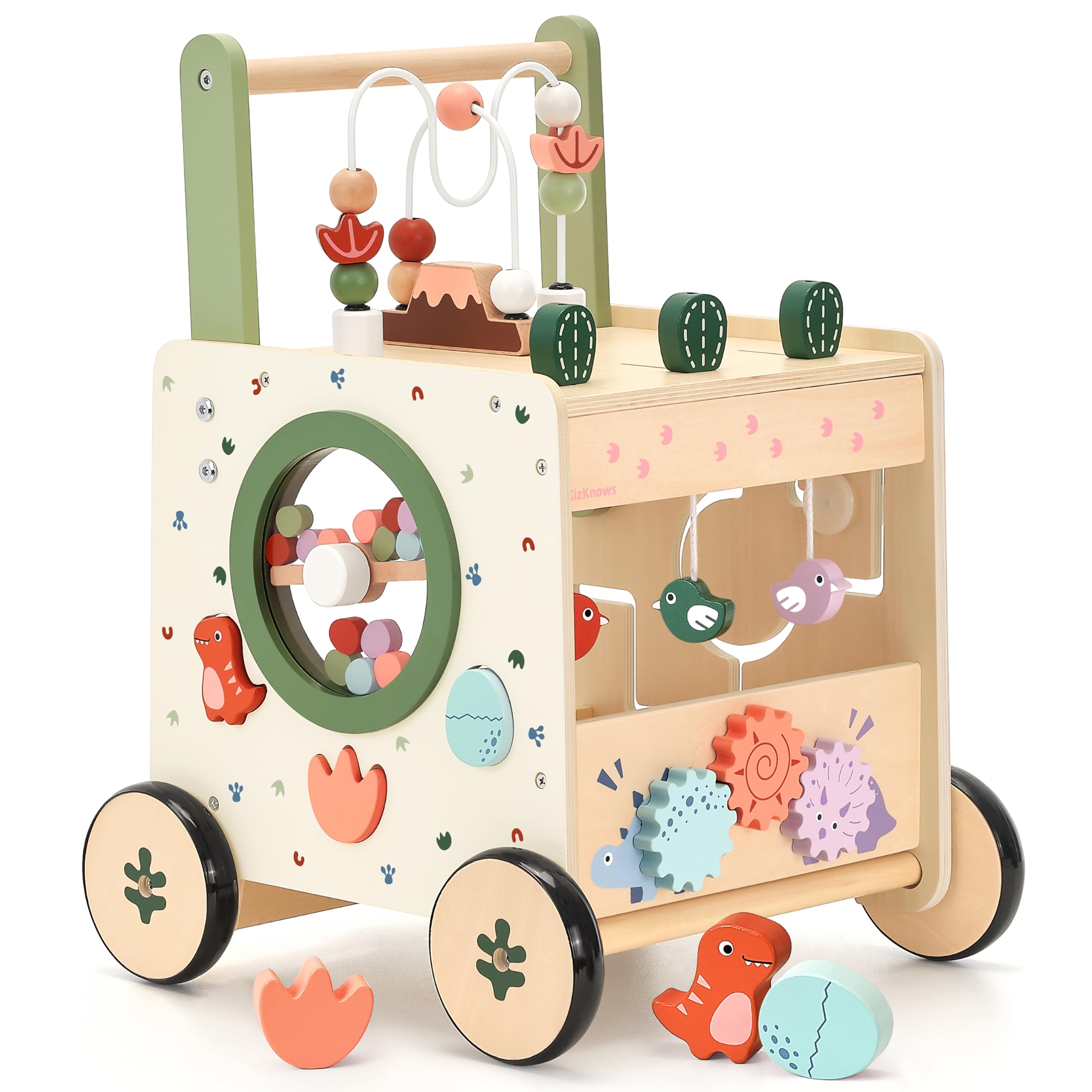 Wooden Baby Push Walker with Activity Center Montessori Toy 12M+ | 6 in 1 bead maze shape sorter Toddler Learning Toy, Adjustable Height &amp; Speed, Sensory hand-on games, Gift for boys &amp; girls