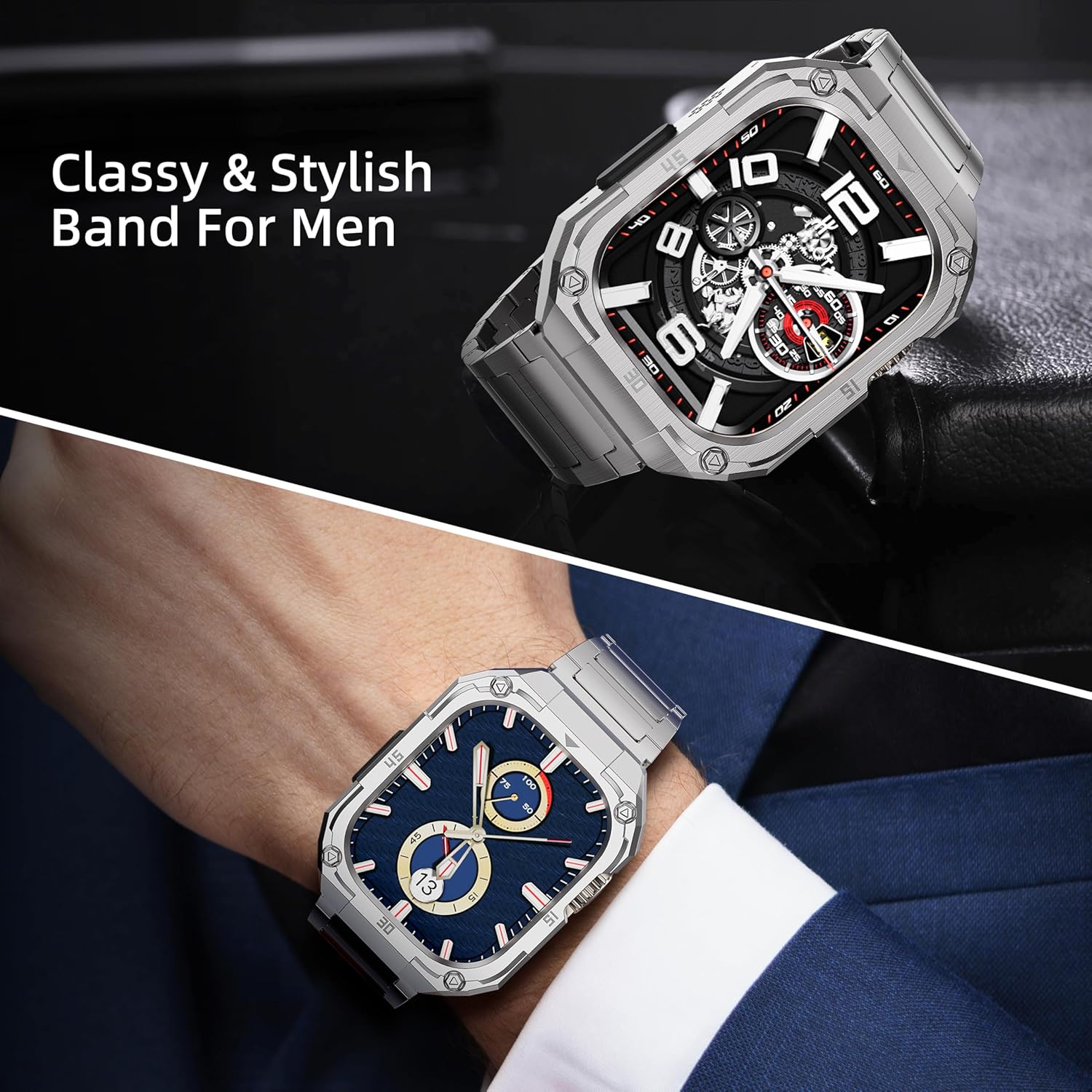 Mechanical Metal Watch Case with Band Compatible with Apple Watch Series 11/10 46mm Band,Rugged Military Stainless Steel Protective Bumper Cover,Tough Business iwatch Band Strap for Men,Silver - Image 2