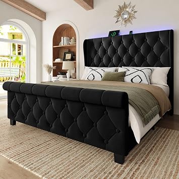 Queen Size Bed Frame with Headboard, Upholstered Bed Frame, Balck