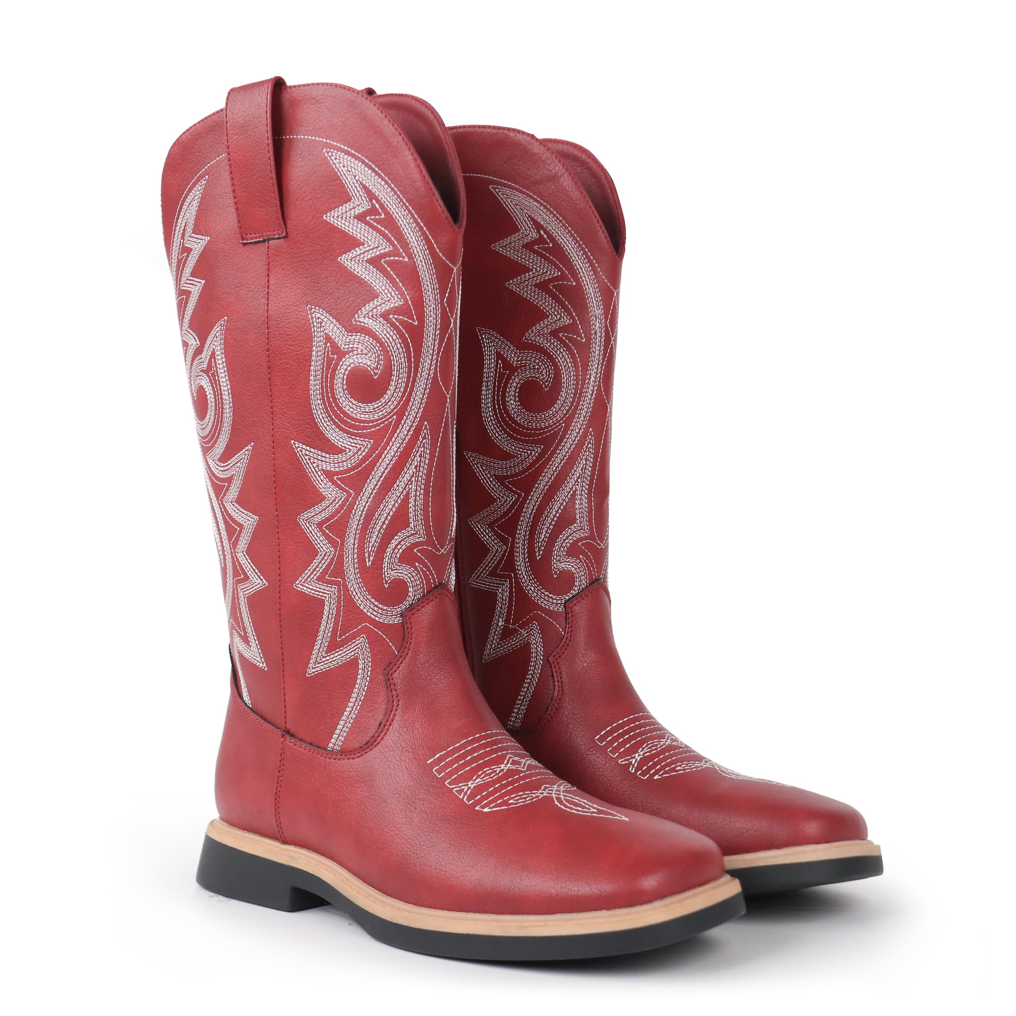 Hawkwell Botines de vaquero para mujer, con puntera cuadrada, cremallera lateral, bordadas, tacón bajo, botas de estilo occidental de media pantorrilla
