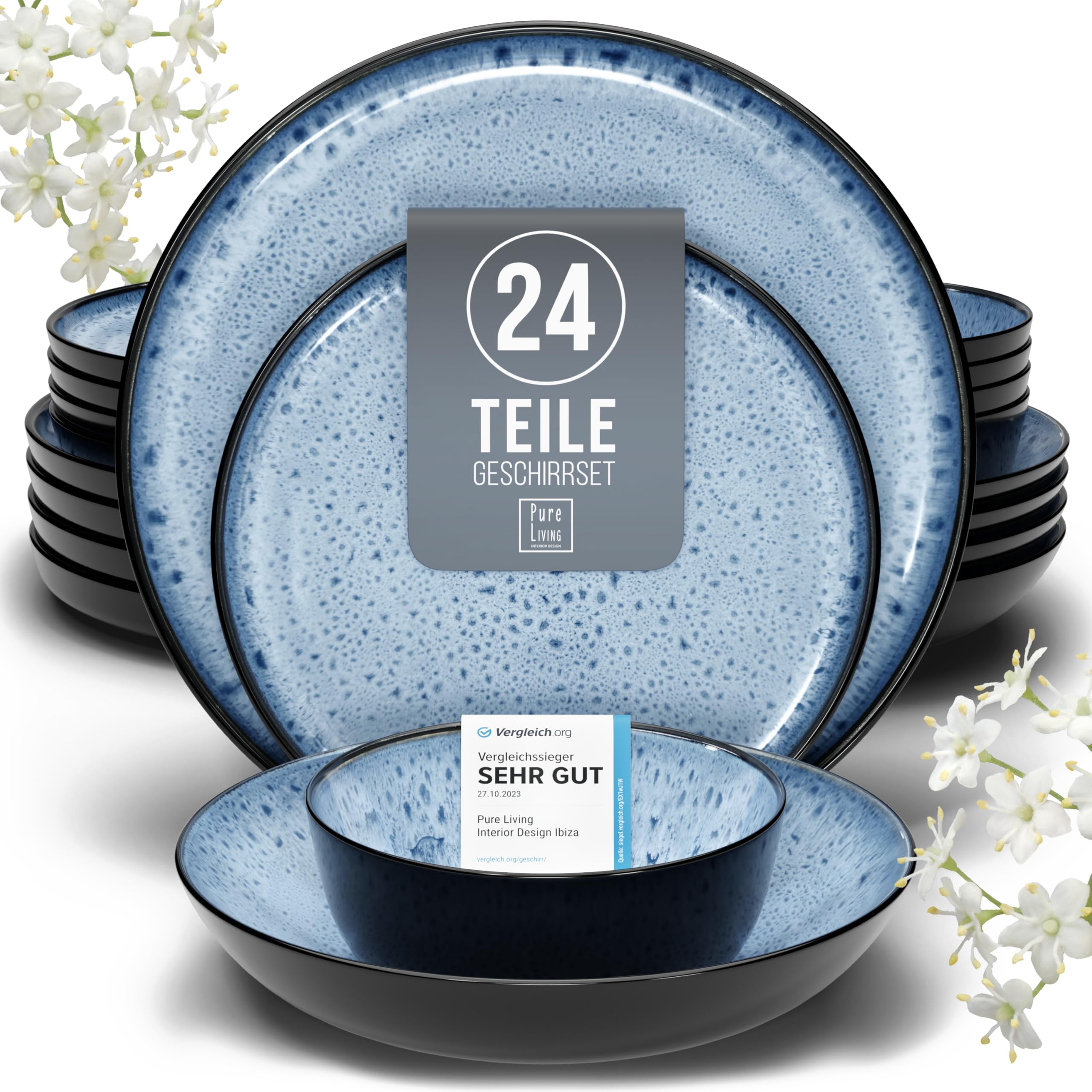 PURE LIVING INTERIOR DESIGN Ibiza Stoneware Crockery Set for 6 People, 24-Piece Mediterranean Test Very Good Stoneware Tableware Set, Bowl and Plate Set, Dinner Service for 6 People, in Deep Blue