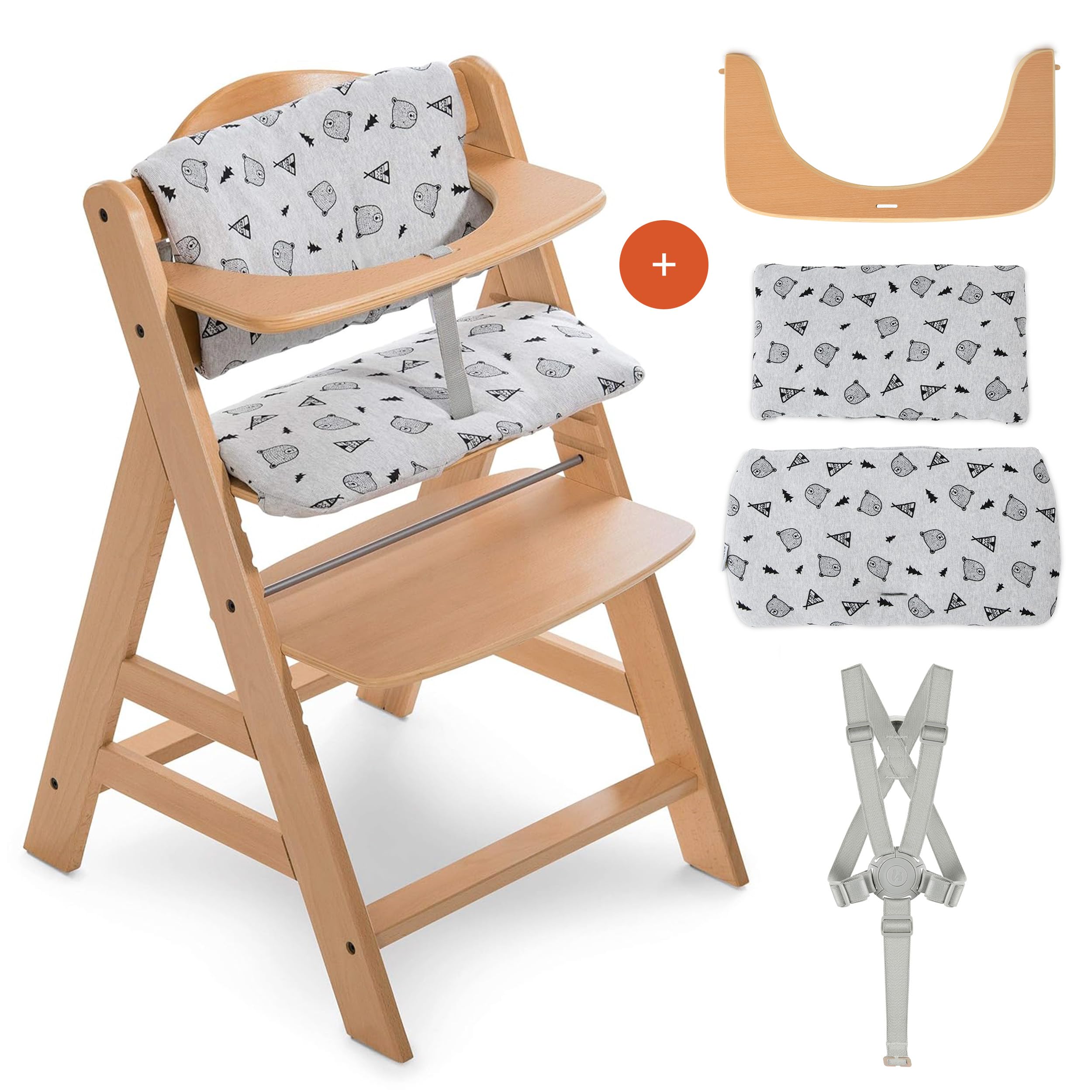 hauck Hochstuhl Alpha+ - Mitwachsender Holz-Kinderhochstuhl, höhenverstellbar, mit Sitzkissen, Schutzbügel & Gurt ab 6 Monaten - Natur