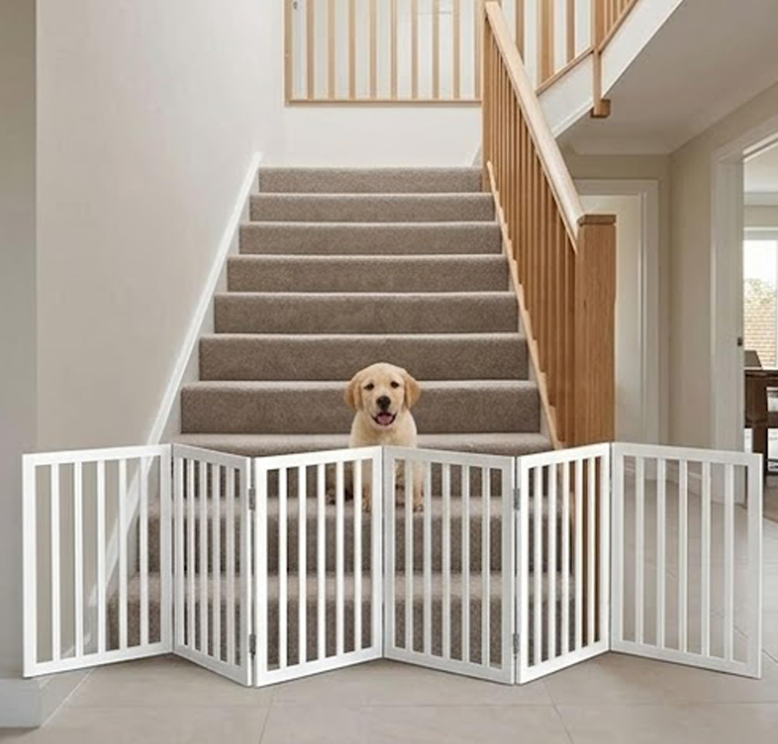Wooden Freestanding Foldable Dog, Cat, and Baby Safety Partition | Indoor, Outdoor Pets Puppy Safety Fence for Stairs, Bedroom, Main Gate, Kitchen, or Other Hazardous Areas (White, 6 Panel D4)-image-35