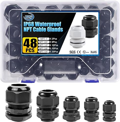 Surtido de prensaestopas de nailon IP68, impermeable, con certificación UL y compatible con RoHS, 20 piezas, alivio de tensión de cable de 14