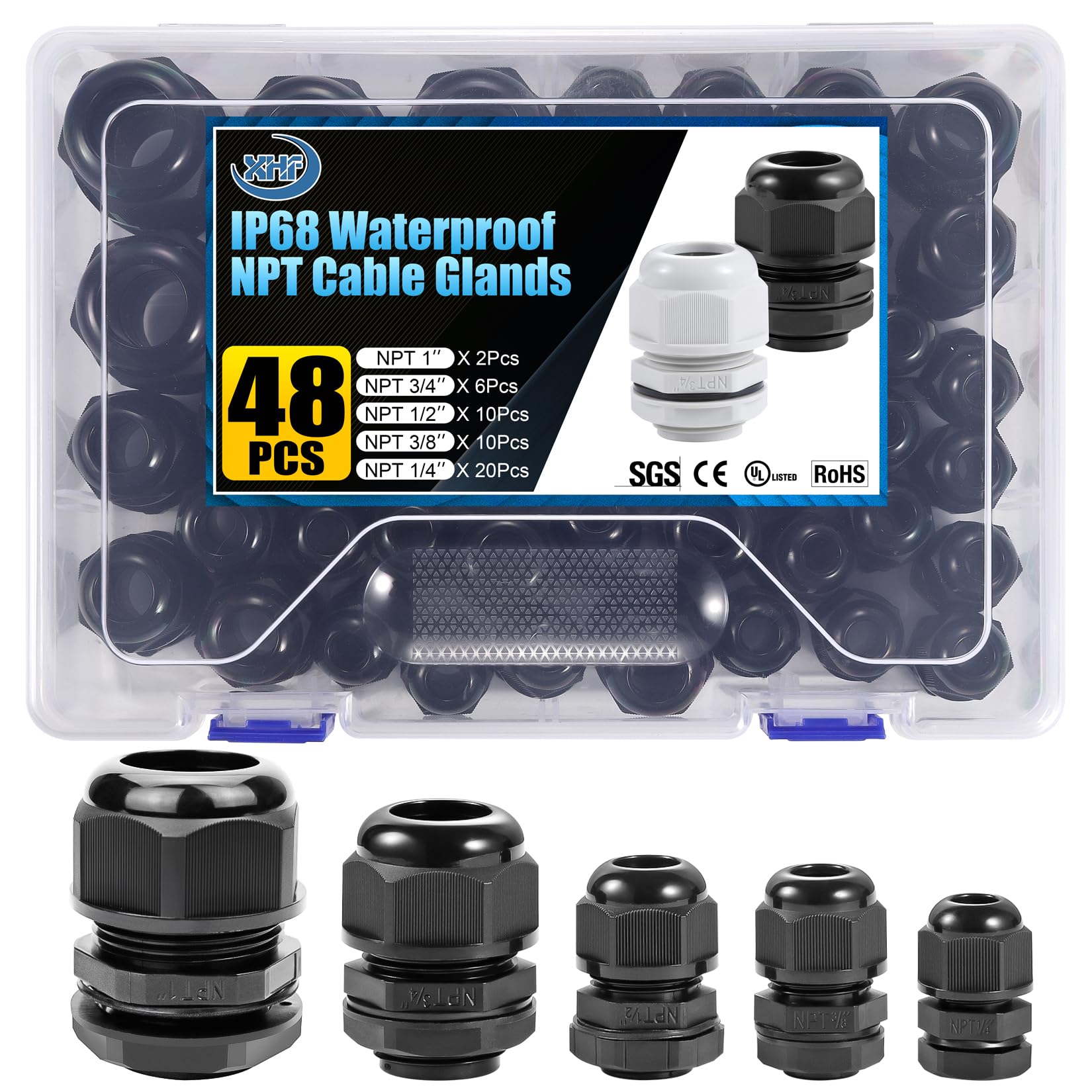 xhf ip68 nylon waterproof npt cable glands assortment 48pcs 1434 383939 123939 343939 13939 ul listed and rohs cord grip compliant cable strain relief black