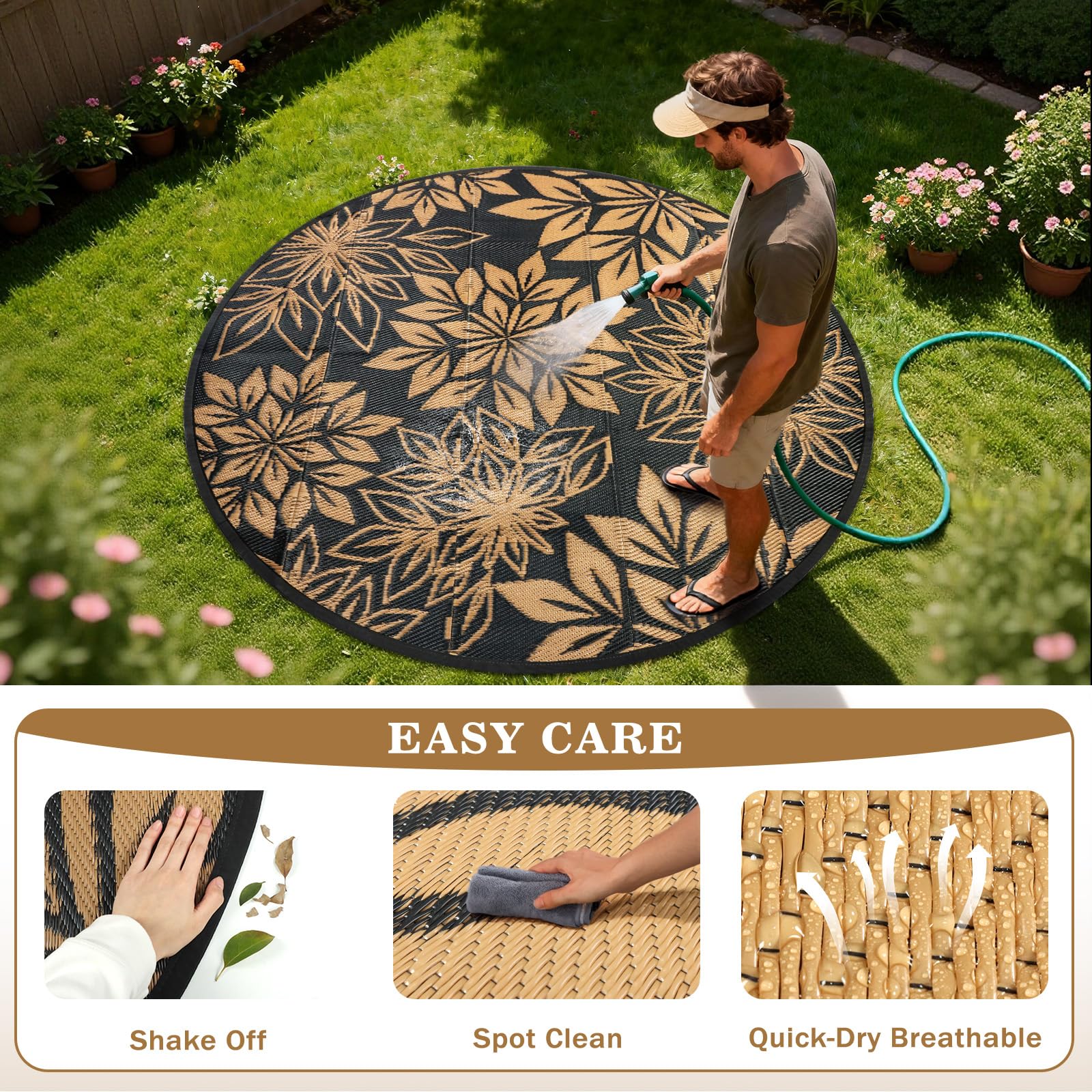 Tapis d'extérieur rond pour patio 180 cm, Feuilles noires, Tapis de jardin extérieur réversible imperméable, résistant aux UV, Tapis de sol rond pour patio extérieur pour balcon, terrasse