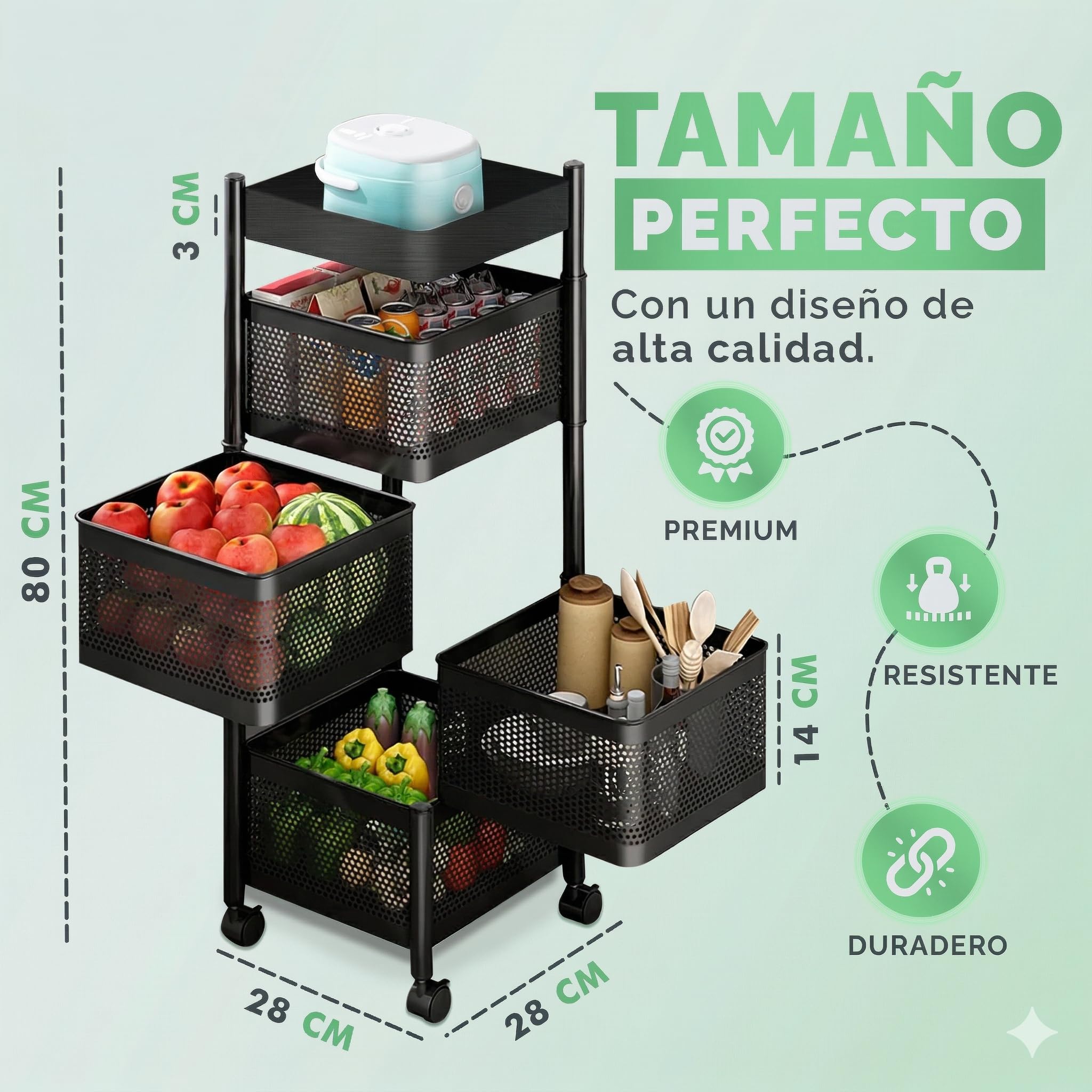 JUPPLIES Carrito Auxiliar con Ruedas - Cesta de Almacenamiento Ahorra Espacio 4 Niveles - Carrito Cocina Giratorio - Estante Cocina, Baño, Estante para Frutas, Verduras, Utensilios-Metalico (Negro V2)