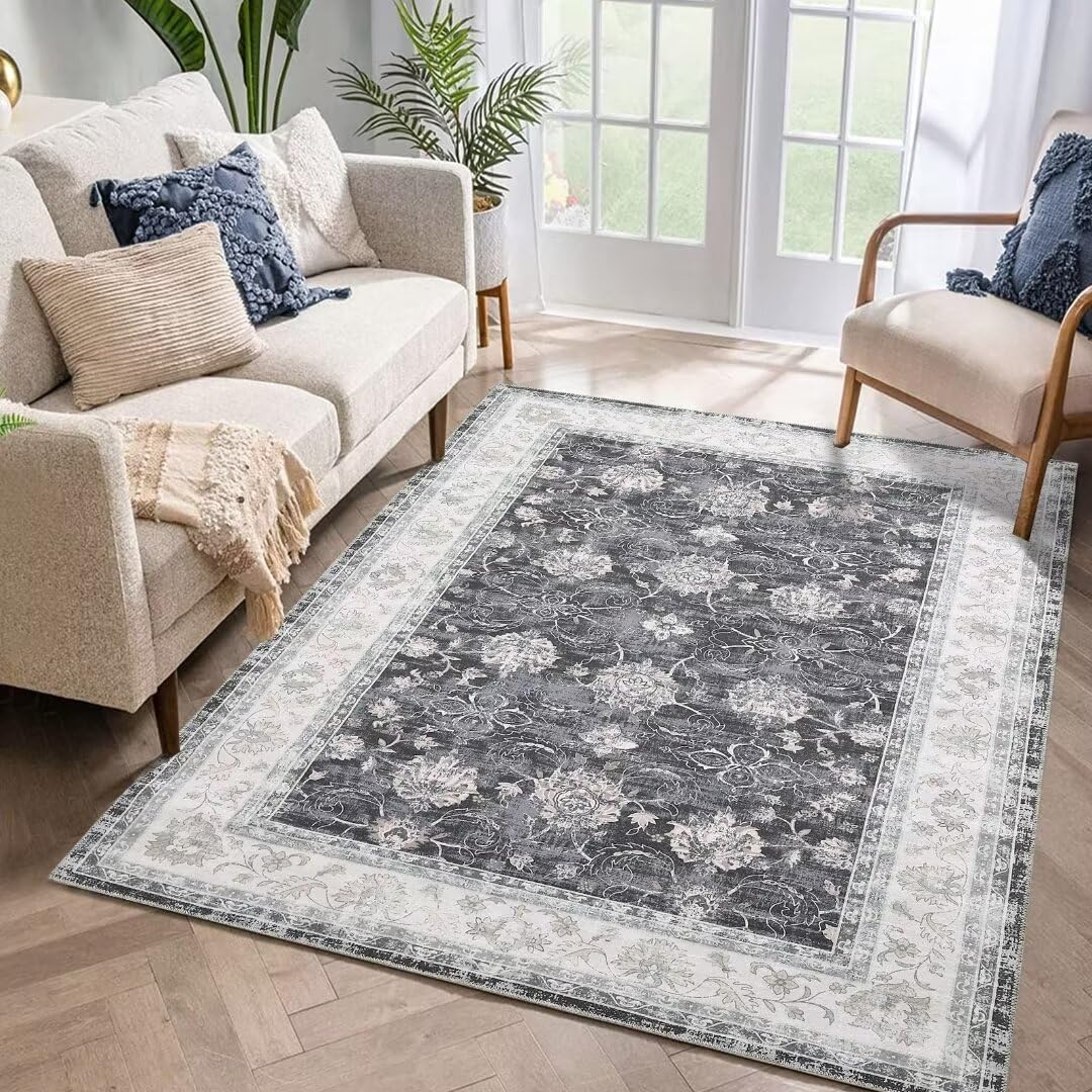 Auton Alfombra Lavable a máquina, 160 x 230 cm, diseño Vintage, Alfombra Antideslizante para salón, Dormitorio, Estampado Floral, Resistente a Las Manchas, decoración del hogar, Oficina, Color Negro