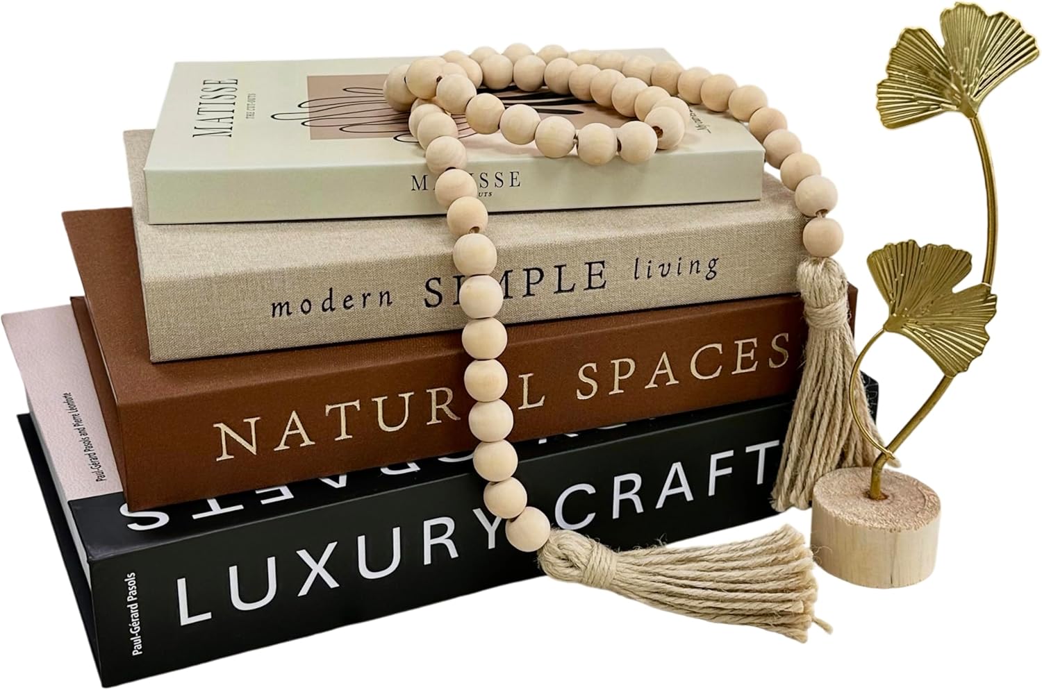 4PCS Decorative Book w/Wood Knot & Gold Ginkgo Leaf Statue, Book Shelf Decor Minimalist Linen Hardcover Faux/Fake Books for Coffee Table Home Decor Living Room Decoration, Photo Storage