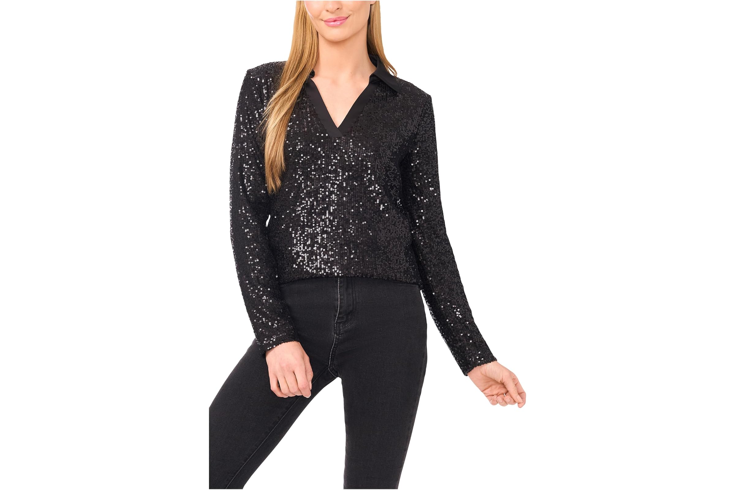 CeCe Long Sleeve Sequin Polo Top