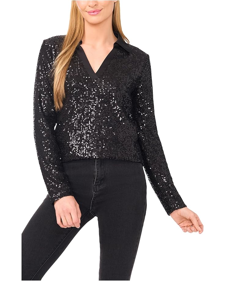 CeCe Long Sleeve Sequin Polo Top - Main View