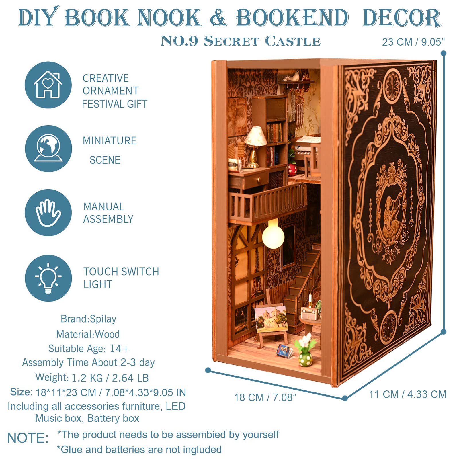 Spilay DIY Dollhouse Miniature Book Nook Assemble Kit,3D Wooden Puzzle Bookshelf Insert Decor with Light,Bookends Model Build-Creativity Kit for Kids Adults Women Birthday Gift (NO.9 Secret Castle) 2