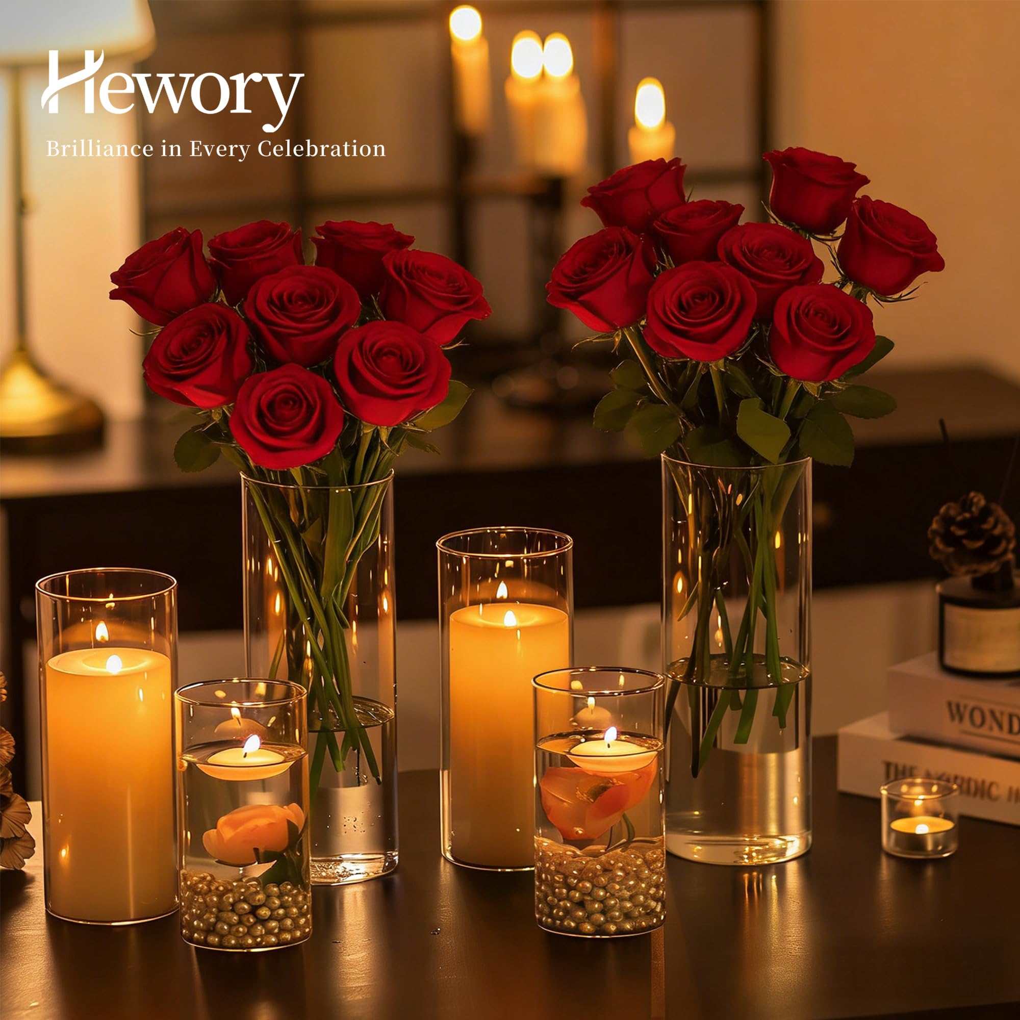 Vases Cylindriques en Verre pour Décoration de Table, Hewory 6 Vase Transparent 3mm Épais Photophore Verre pour Decoration Mariage, Photophore Bougie pour Decoration Maison Home