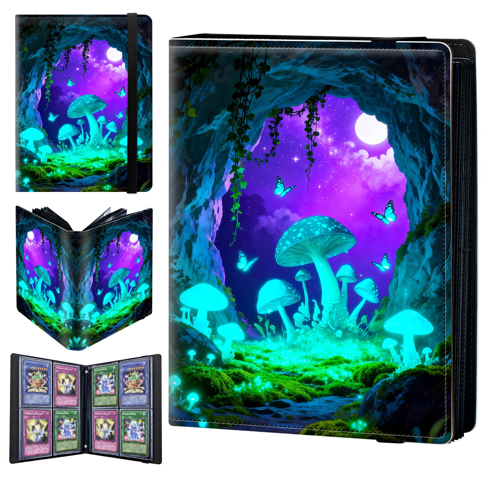 4 Pocket Trading Card Binder 240 Side Loading Pocket Album with Green Mushrooms and Butterflies Pattern Design Card Binder for Sports Cards & Game Cards — image 1