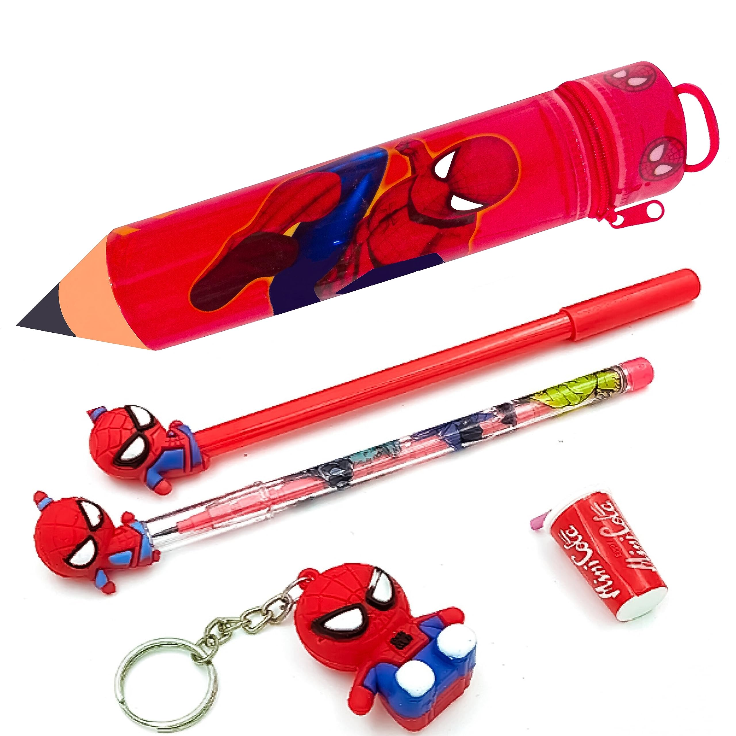 CHAMA 2023 Pencil Shape Pouch Combo for Your Kids for School,Spider-Man Big Size Cartoon Printed Pencil for Kids A,1 Pencil & 1 Pen,1 Eraser & 1 Key Chain by RZA (Spiderman) Pack of 1