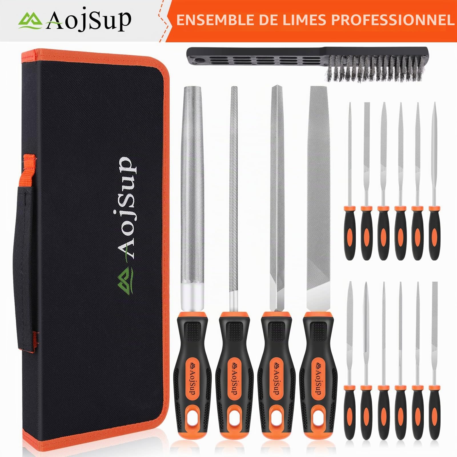 17Pcs Limes et Râpes, AojSup Lime Metal en Acier Forgé T12, 4x Grand Limes Metal, 12x Lime Aiguille Metal et 1x Brosse de Nettoyage, Lime à Metaux pour Menuiserie/Sculpture/Travaux Manuels/Atelier