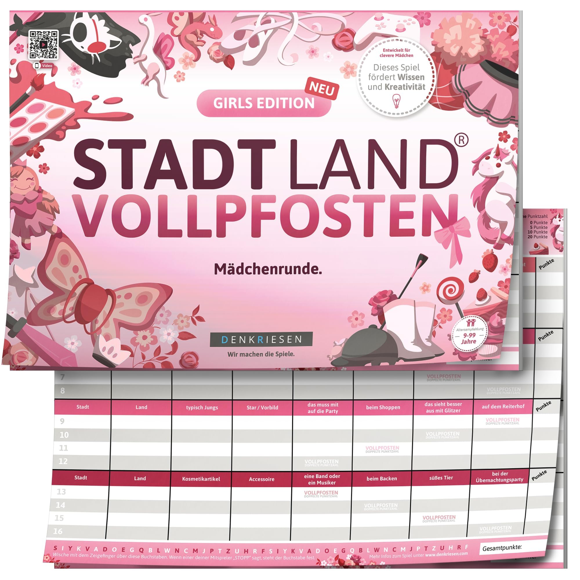 DENKRIESEN - Stadt Land VOLLPFOSTEN® - Girls Edition | DIN A4 Spielblock | 26 Kategorien & 50 Seiten | Familienspiel | Ideal für Mädchen | Spaß für die ganze Familie | Spieleabend & Geschenkidee