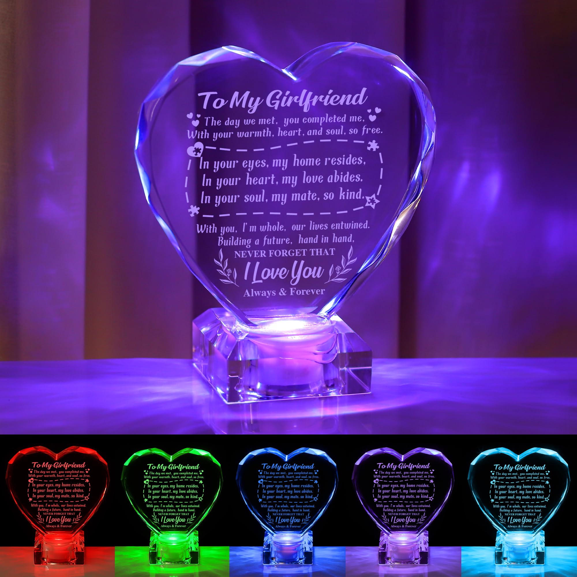 Unique Gifts for My Girlfriend, Love Crystal Gift for Girlfriend Christmas Day Birthday, Engraved Crystal Heart with Rechargeable Color-Changing LED