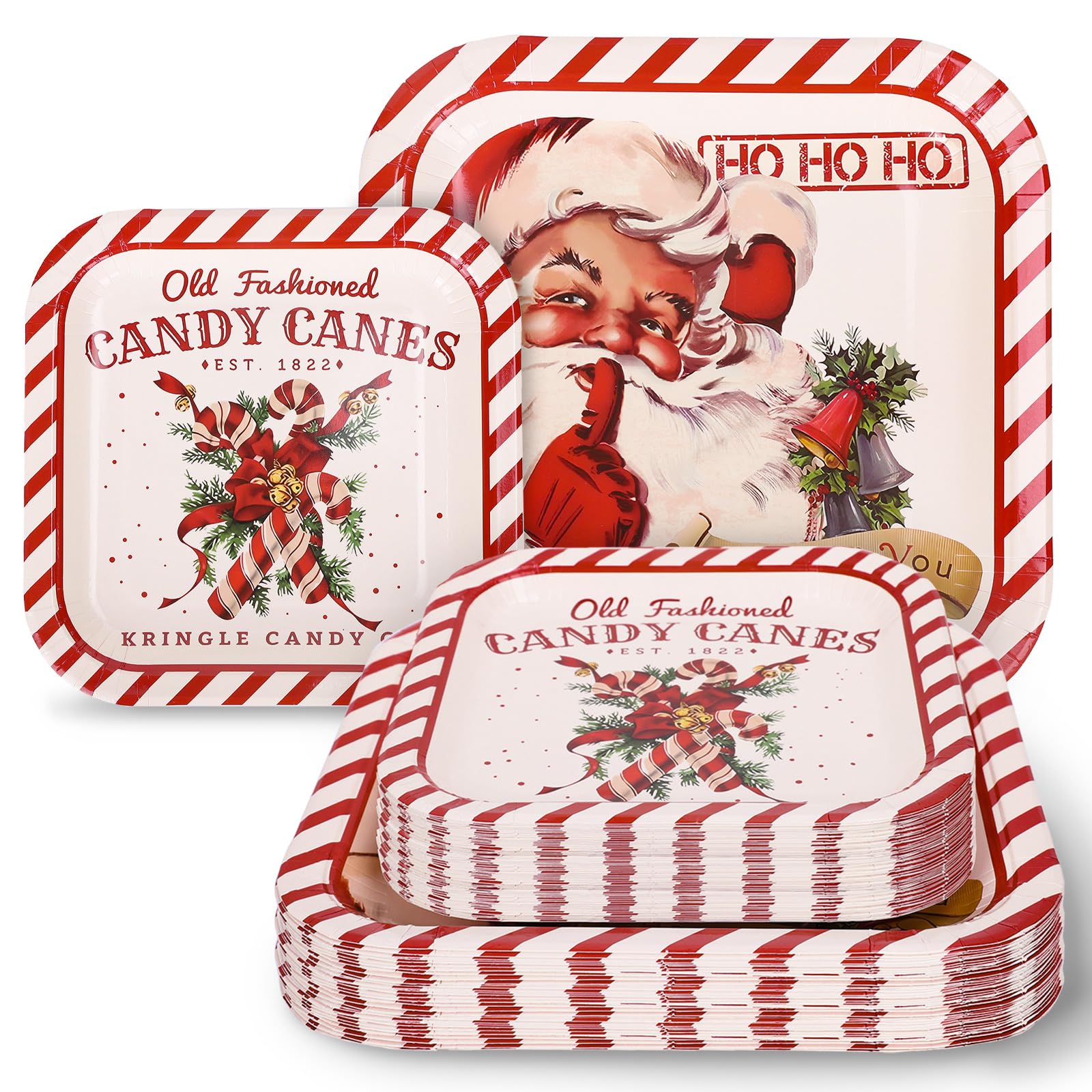 Whaline 40Pcs Christmas Vintage Tableware Set Santa Candy Cane Stripe Paper Plates 7 & 9 Inch Retro Xmas Square Disposable Plates for Holiday Party