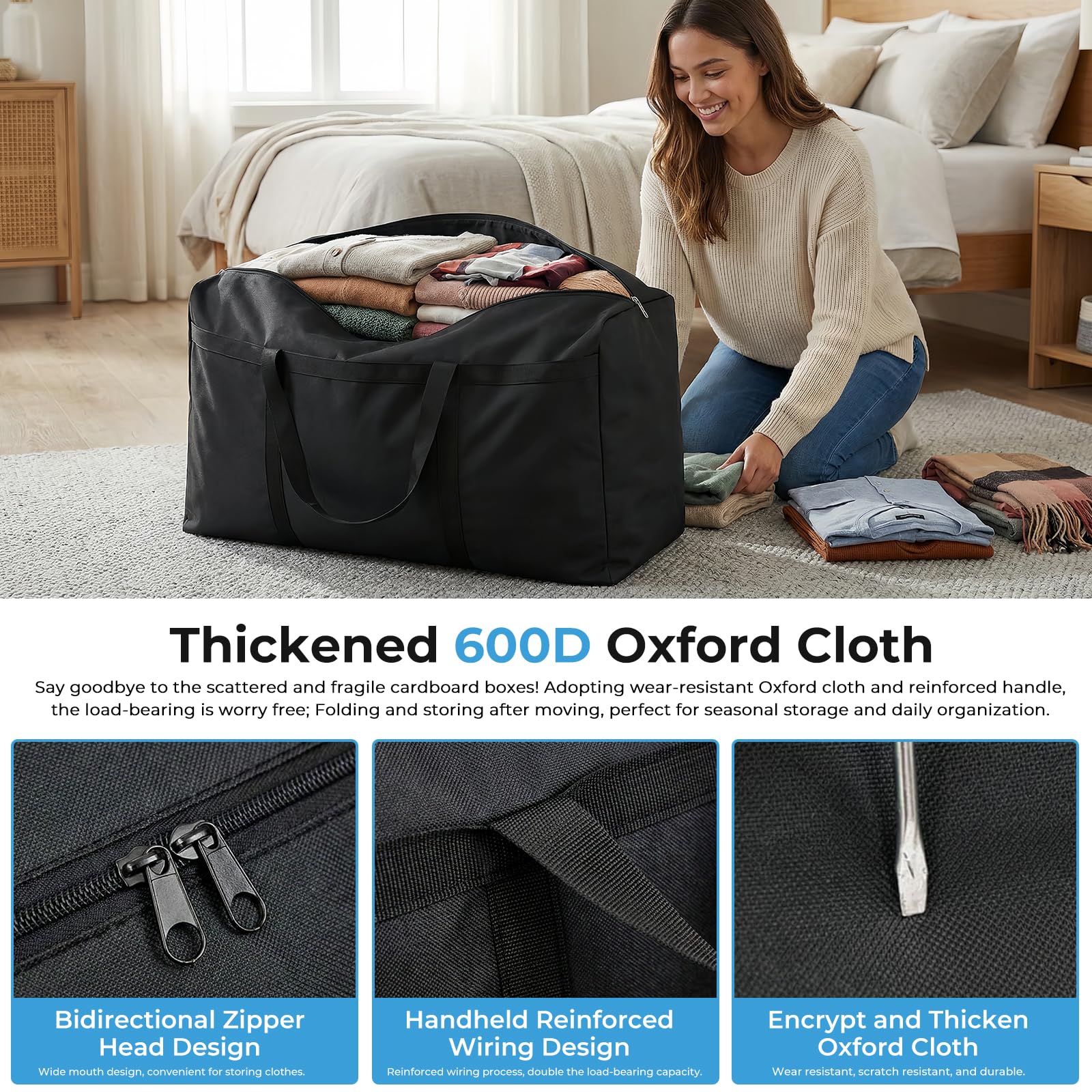 Lot de 4 Sacs de déménagement de 105 L, Grands sacs de rangement avec fermetures éclair, Oxford Noir imperméables sac de demenagement pour coussins, vêtements, linge de lit, rangement