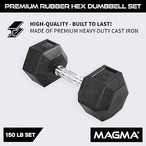 Miniatura 5 de Magma Juego de mancuernas hexagonales de hierro fundido con revestimiento de goma, juego de mancuernas hexagonales negras (5-25, juego de 5-50,
