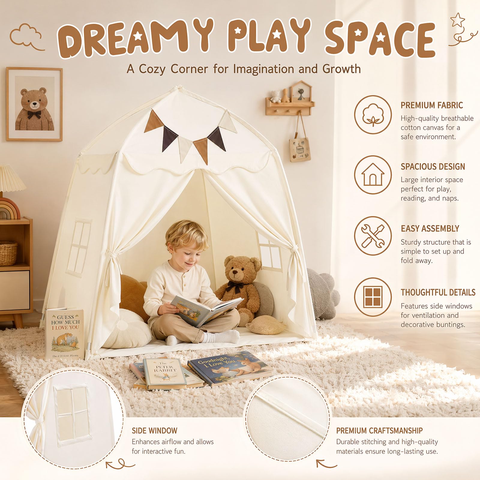 Kinderzelt Indoor, Spielzelt mit Flaggen & Lichterketten, Tipi Zelt Kinderzimmer, Spielhaus Kinder, Tragbares und Faltbares Tipi, Spielzelt Prinzessin Zelt für Mädchen Jungen (Beige)