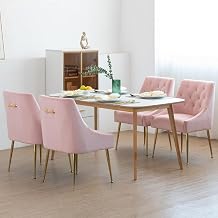 Modern Dining Chairs Set of 4, Mid Century Dining Chairs with 5.12 Cushions and Golden Legs, Velvet Upholstered with Back Pull Rod, for Kitchen, Living Room, Pink