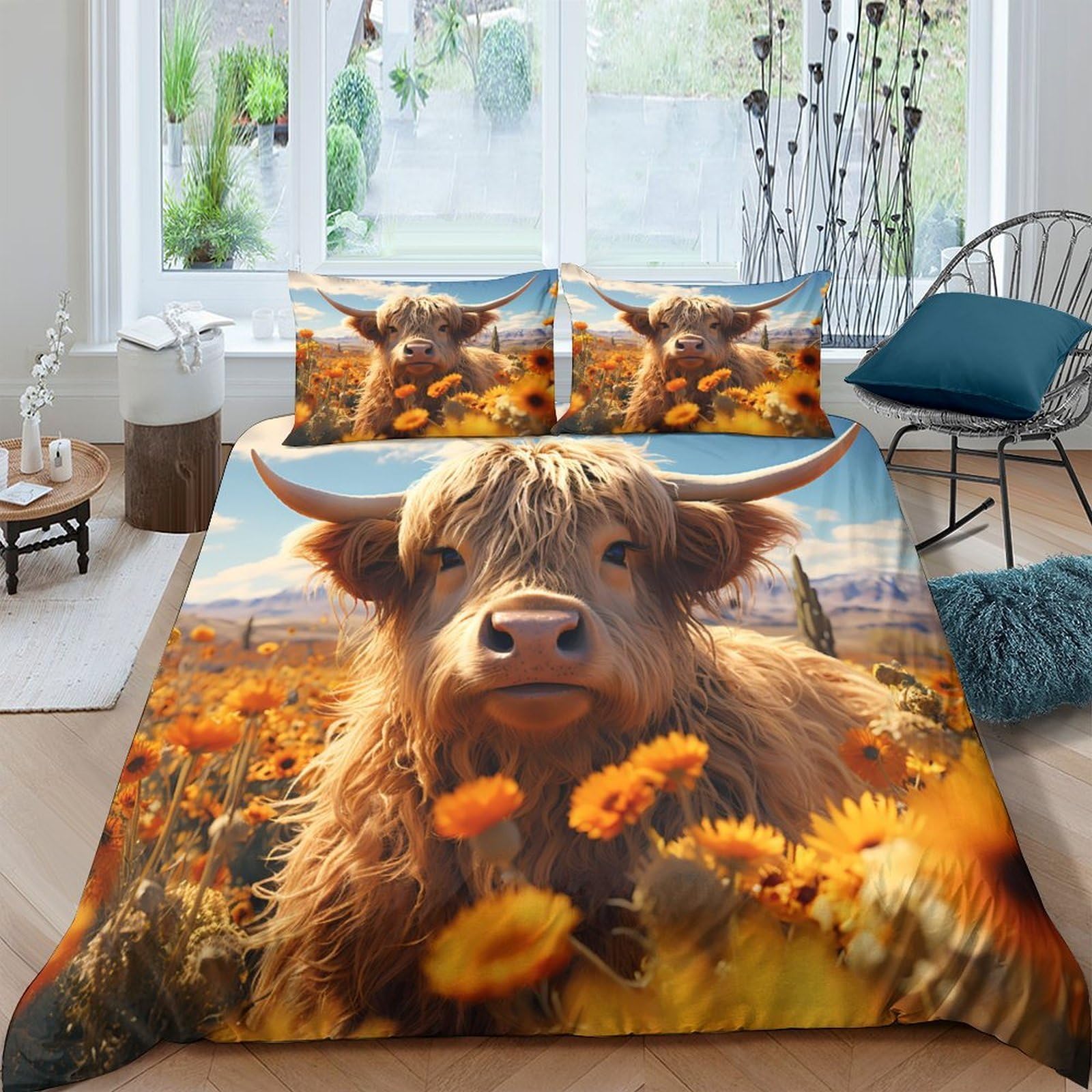 GPLZQXKJNH 3D Printed Highland Cow Duvet Cover Microfiber Soft Breathable Wildflower Bedding Set with 2 Pillowcases for Bedroom Decor Single（135x200cm）
